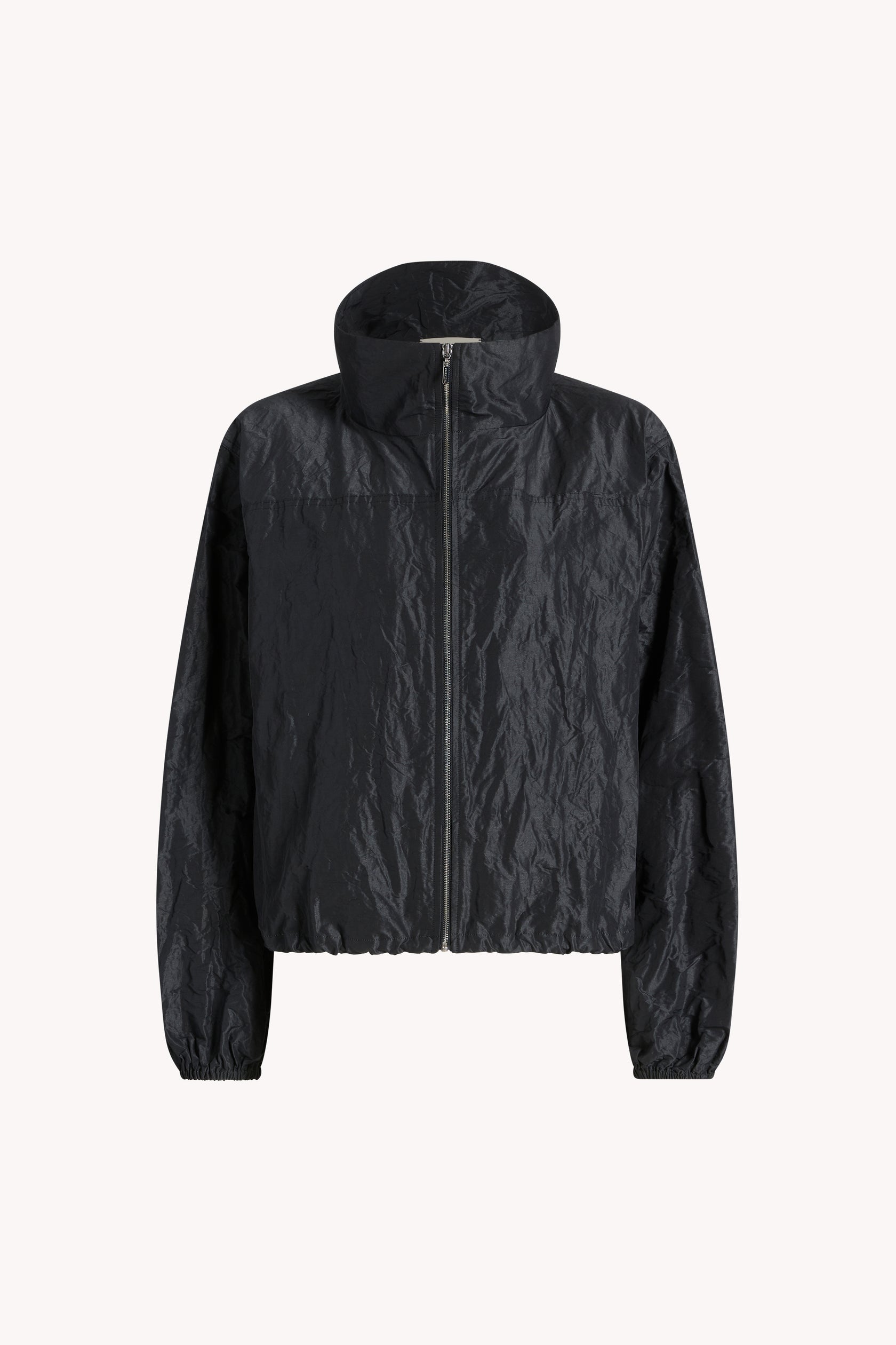 Black Kallmeyer Sadie windbreaker in steel taffeta with a funnel collar
