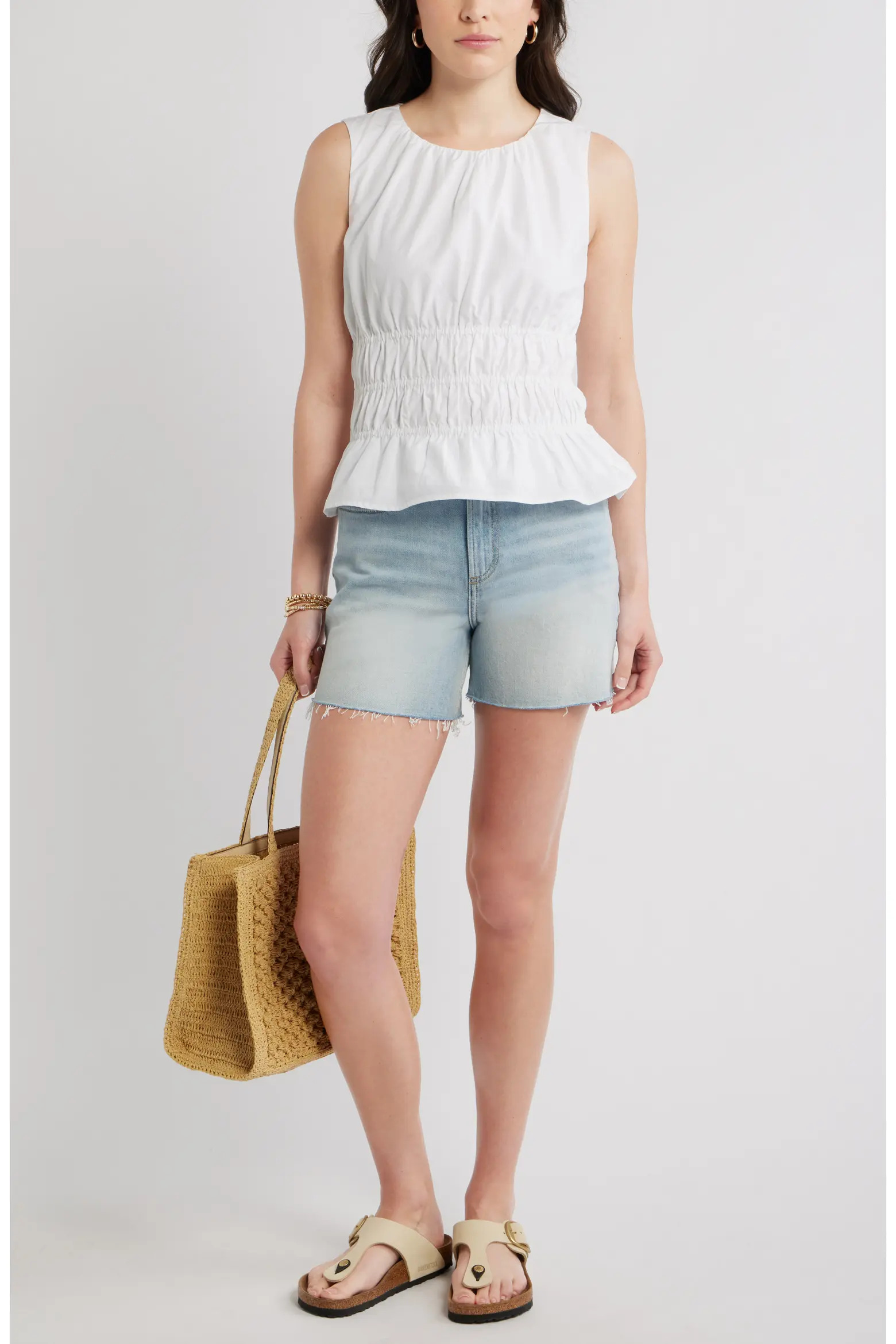 Caslon white cotton poplin peplum top worn with denim shorts