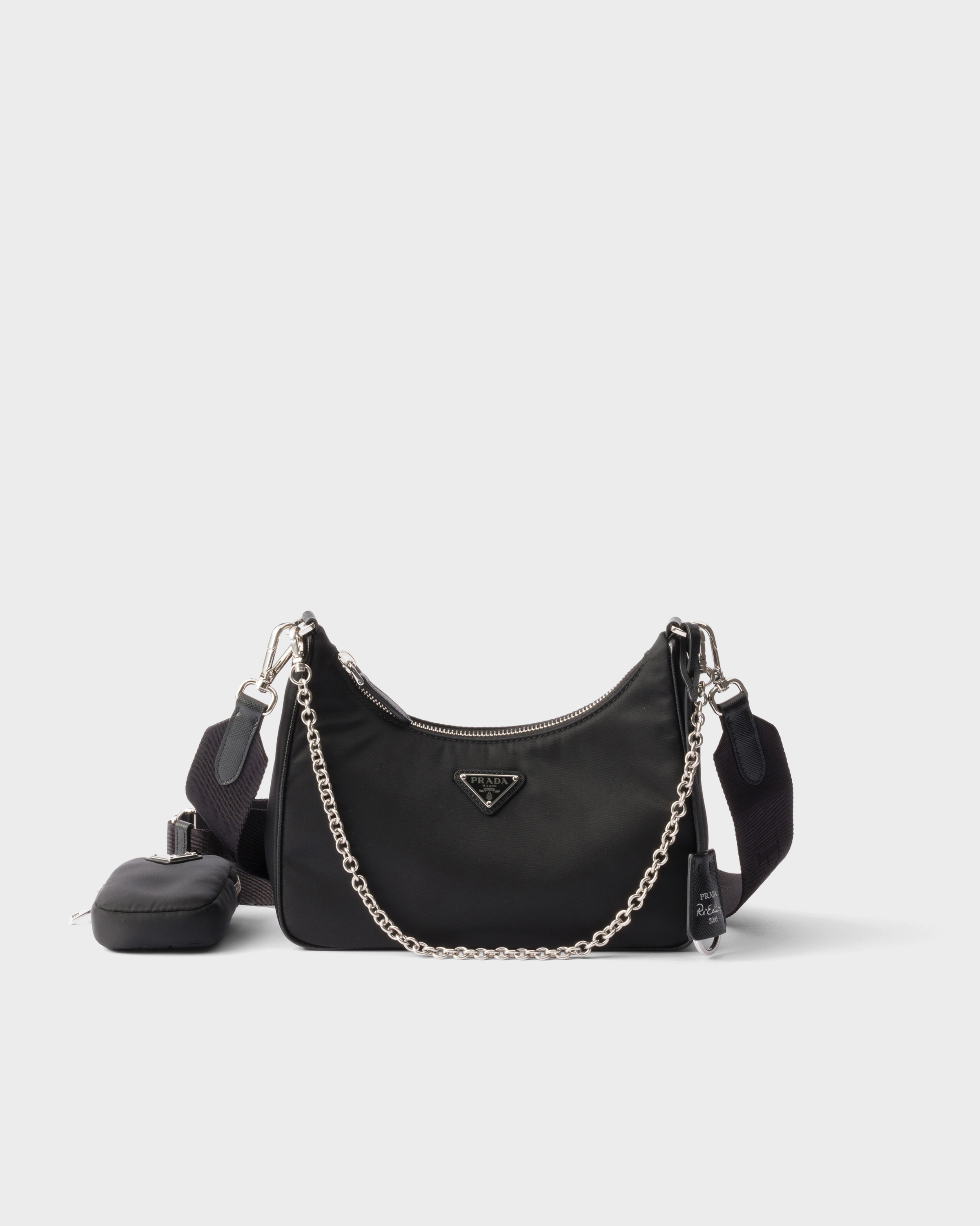 Black Prada Re-Edition 2005 Re-Nylon bag front view with chain, strap, and detachable pouch.