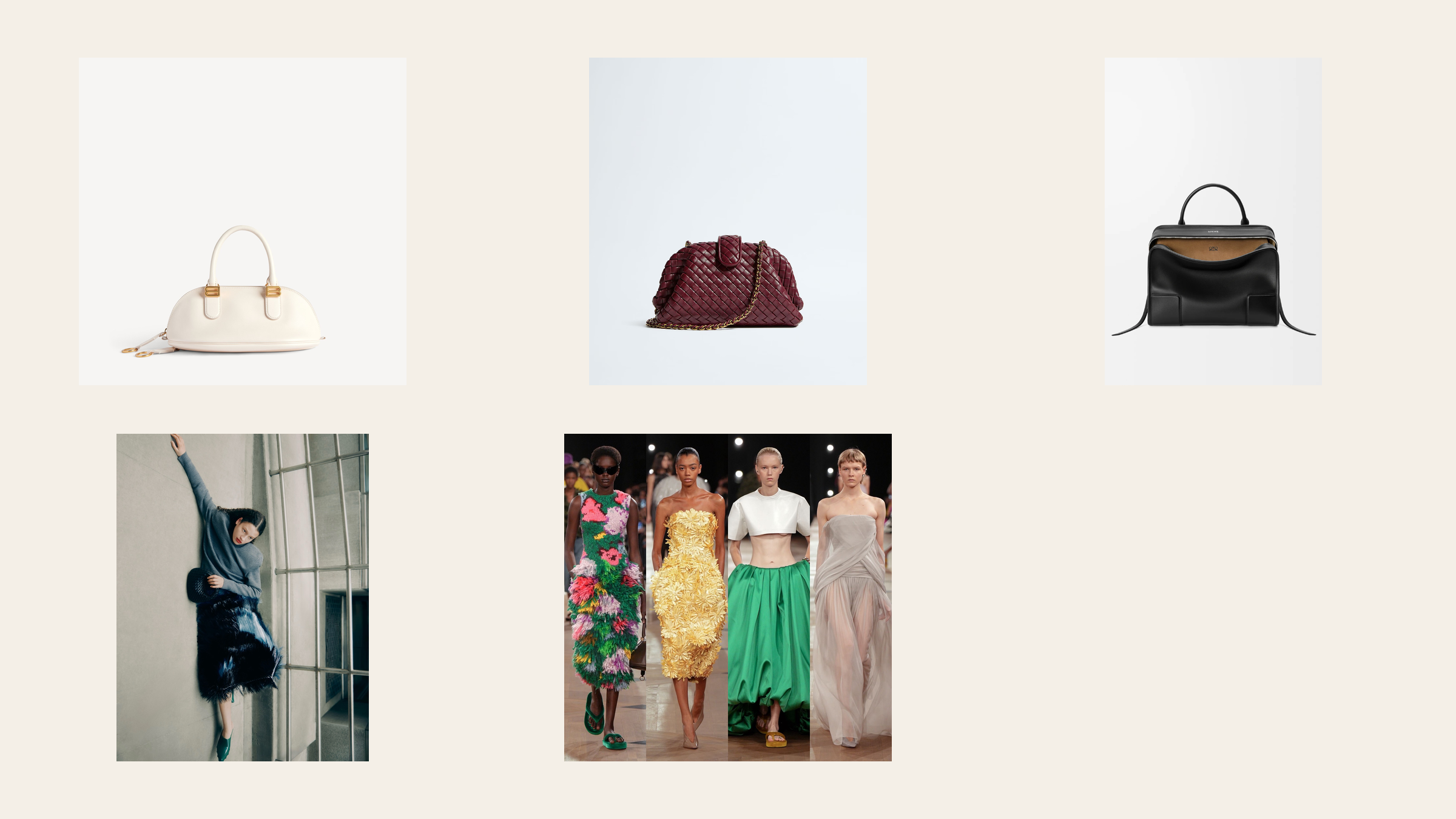 Bottega Veneta, Balenciaga, and Loewe Spring 2026 bags and outfit collage