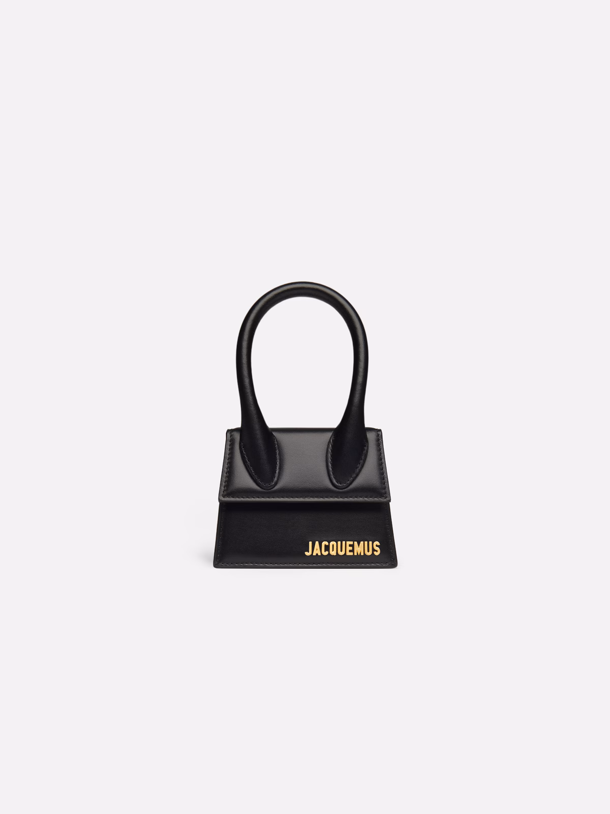 Jacquemus The Chiquito black leather mini handbag, front view with tall top handles and gold logo.