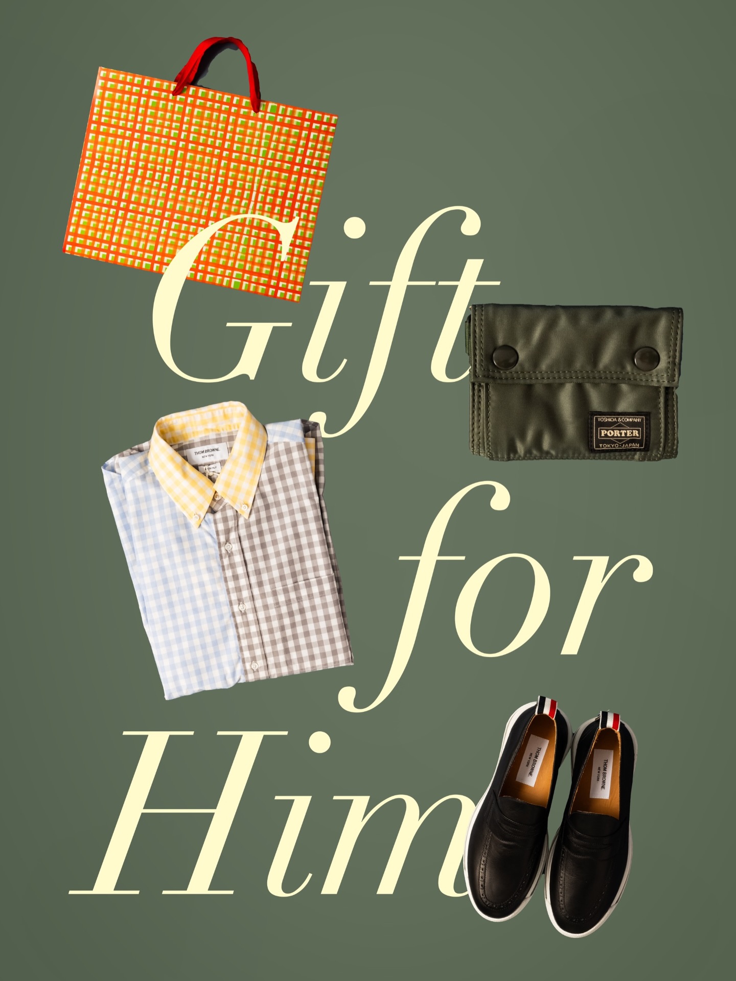 Gift for him collage with Thom Browne shirt shoes and small leather goods