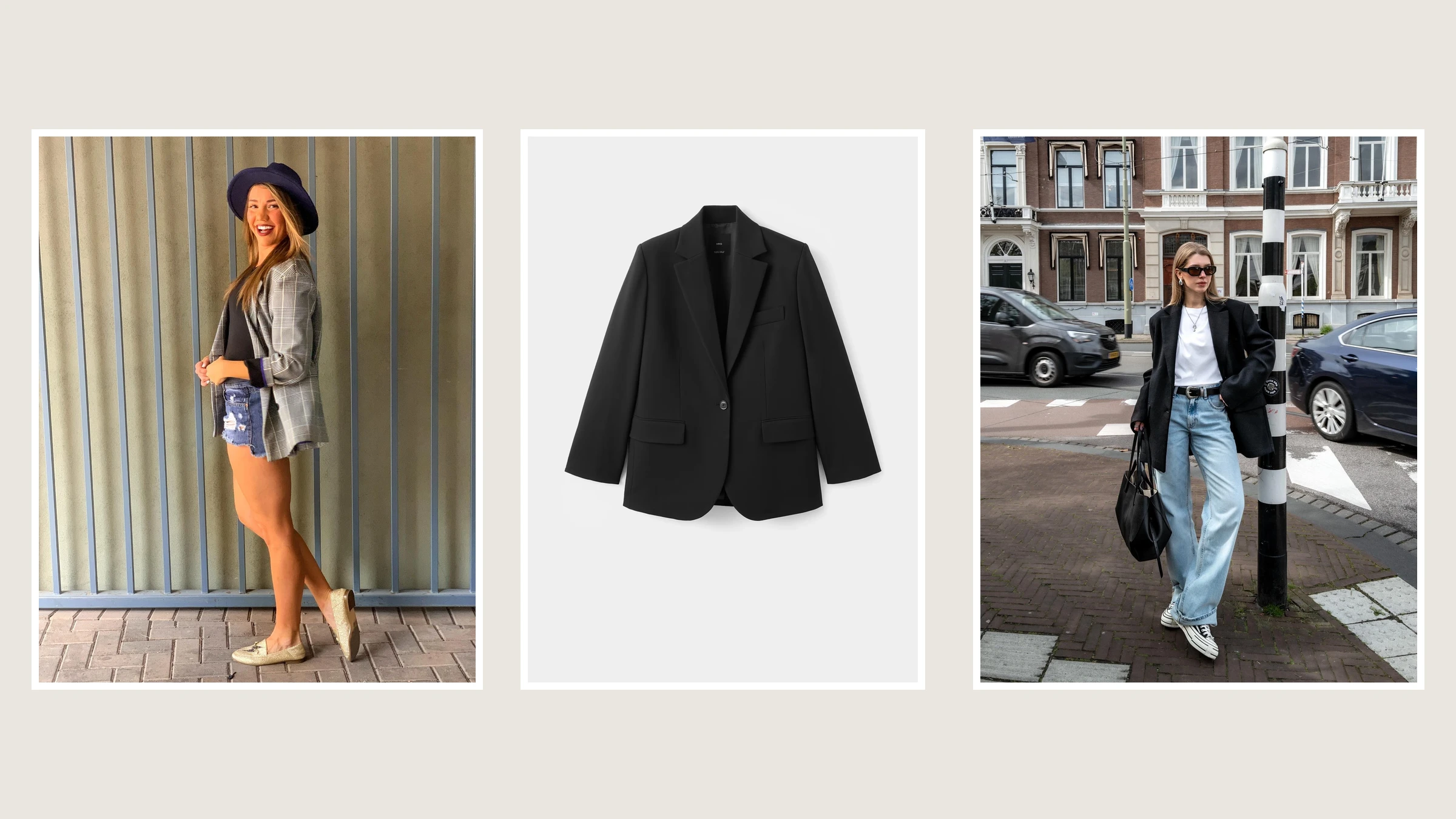 Two creator outfits styling strong-shoulder blazers casually beside a black Mango blazer
