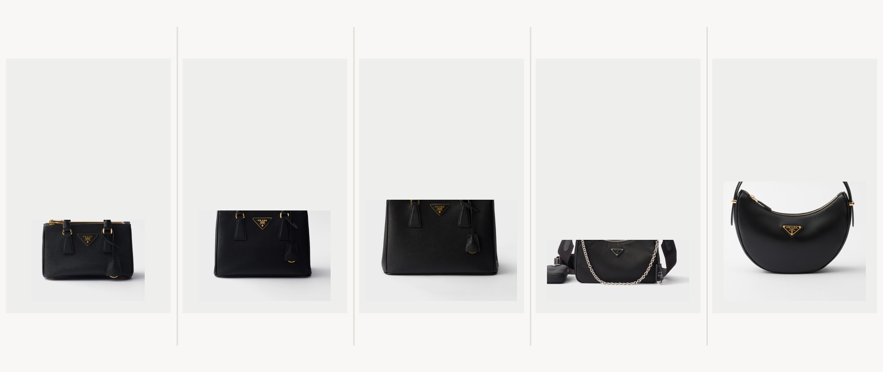 Five black Prada bags shown side by side: Galleria mini, Galleria small, Galleria medium, Re-Edition 2005 Re-Nylon, and Arqué small.