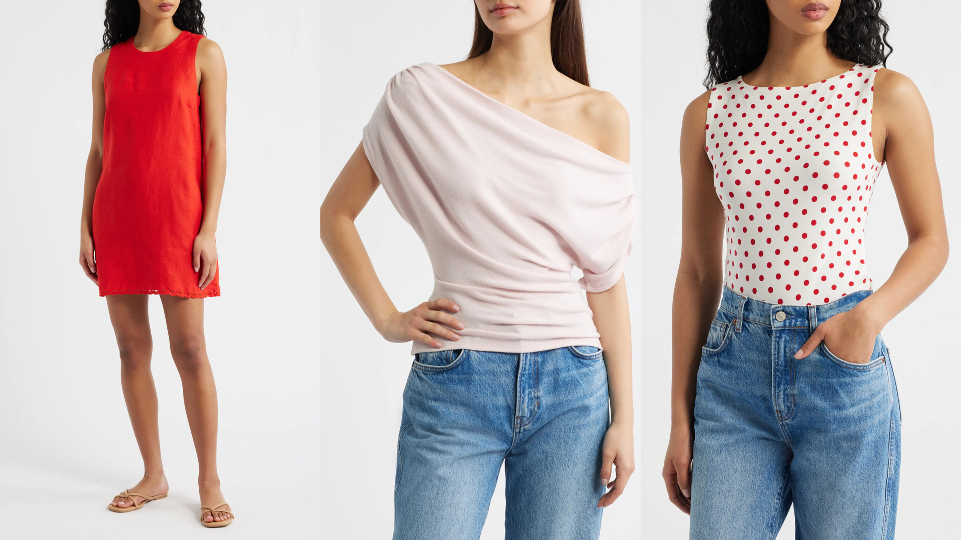 Red Madewell dress with pale-pink and red-dot Reformation tops