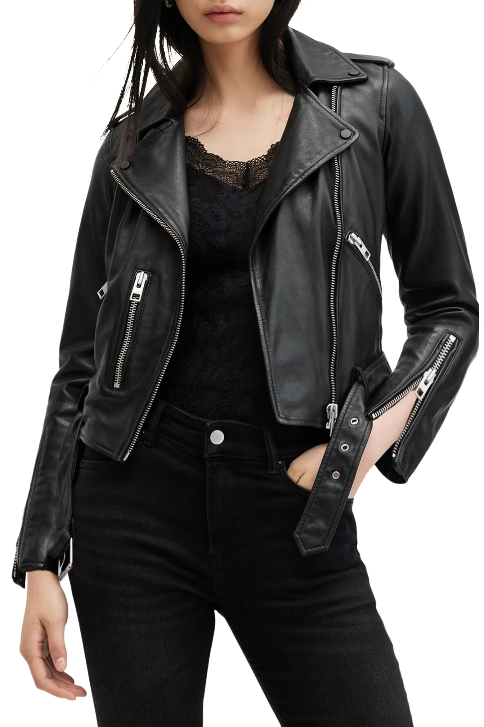 Black and silver AllSaints Balfern leather biker jacket
