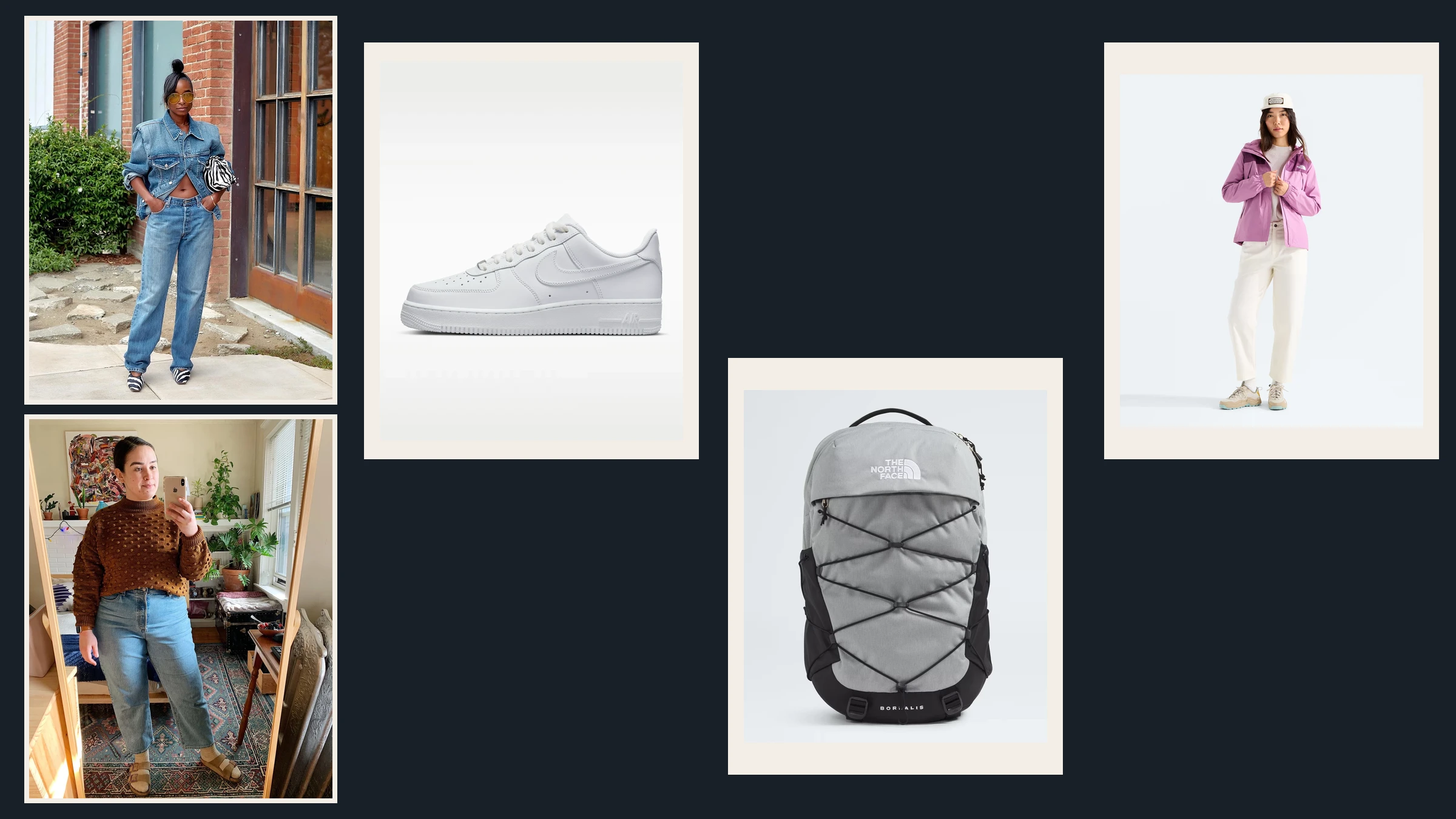 Two personal denim outfits beside a Nike Air Force 1 shoe, a North Face backpack, and a North Face rain jacket