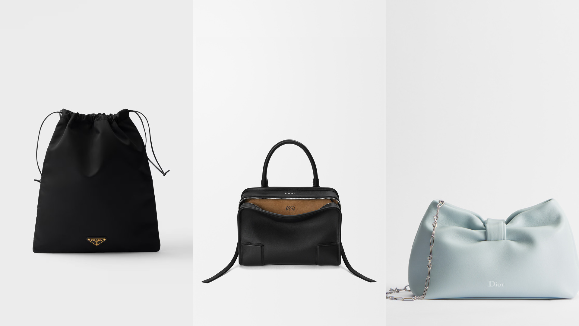 Prada Wish pouch, LOEWE Amazona 180, and Dior Bow Bag arranged in a three-panel edit