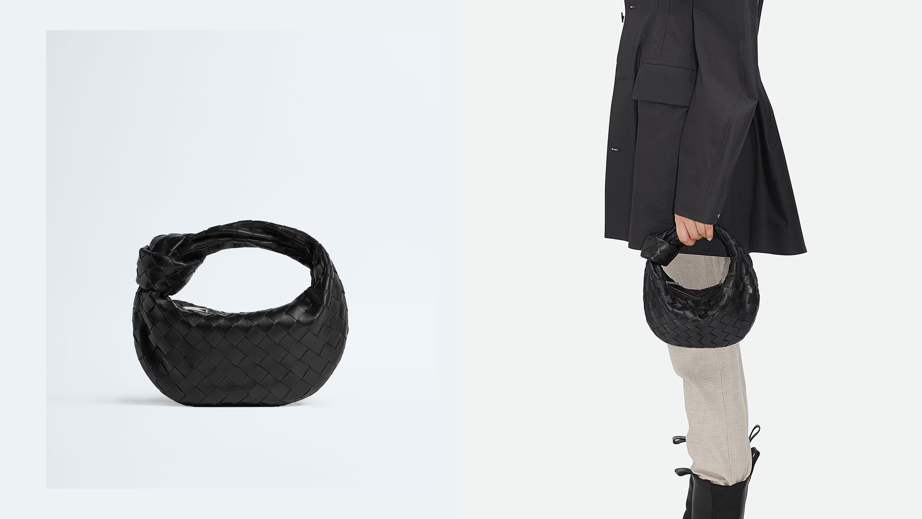 Bottega Veneta Mini Jodie black intrecciato bag and official on-model styling