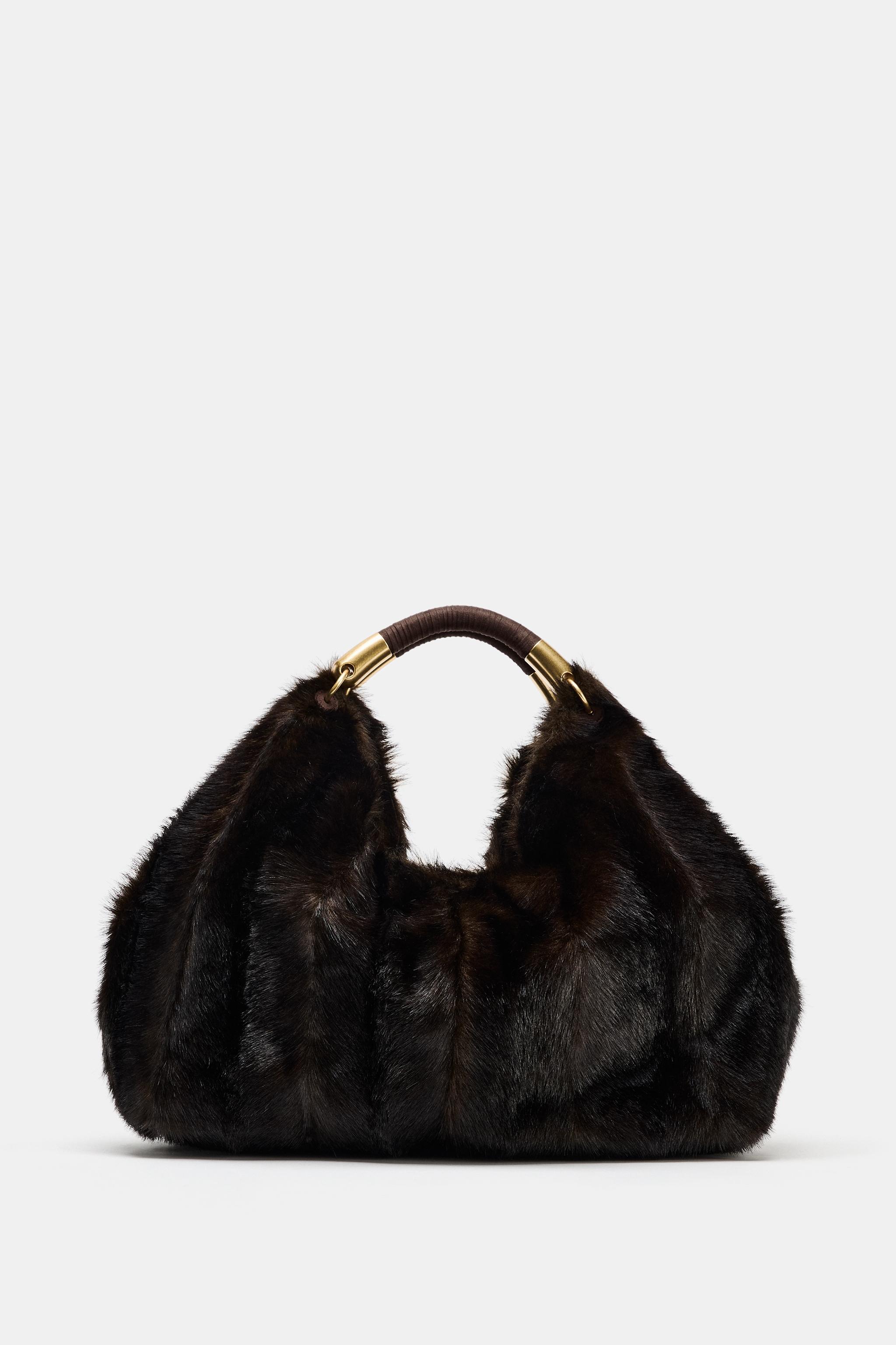 Zara brown faux-fur maxi bag with rounded wrapped handles