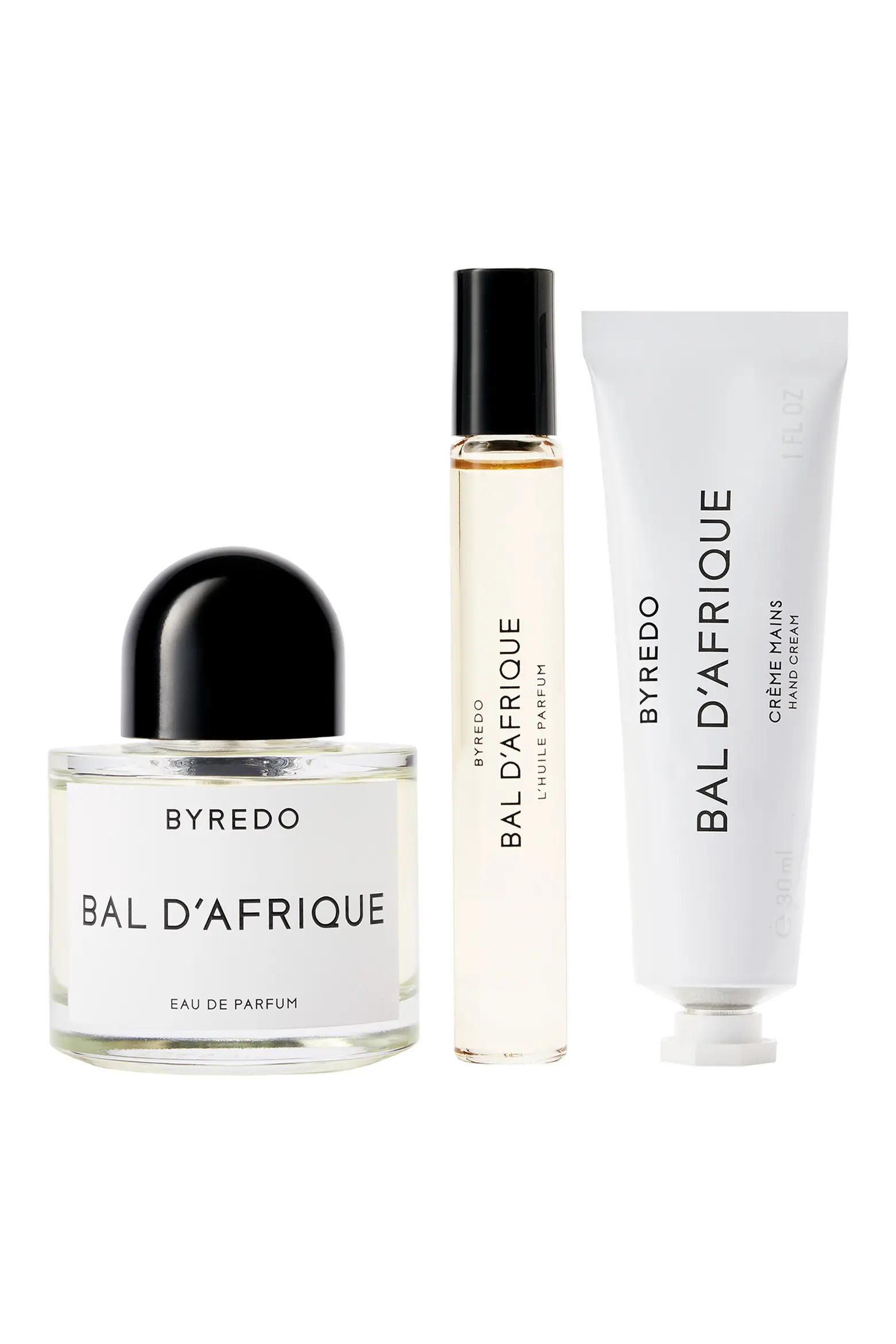 Byredo Bal d'Afrique Anniversary Sale gift set with an eau de parfum bottle, travel spray, and hand cream