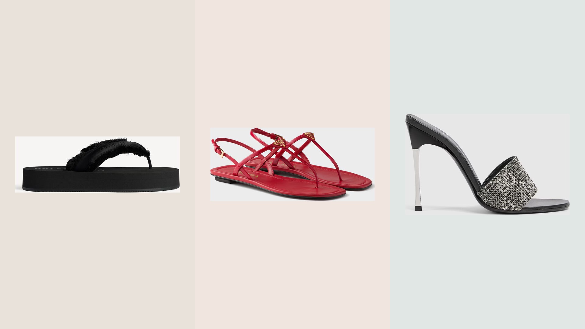 Balenciaga Jet Lag thong, red Prada patent thong sandals, and Gucci crystal Bombshell slide arranged in a three-panel edit