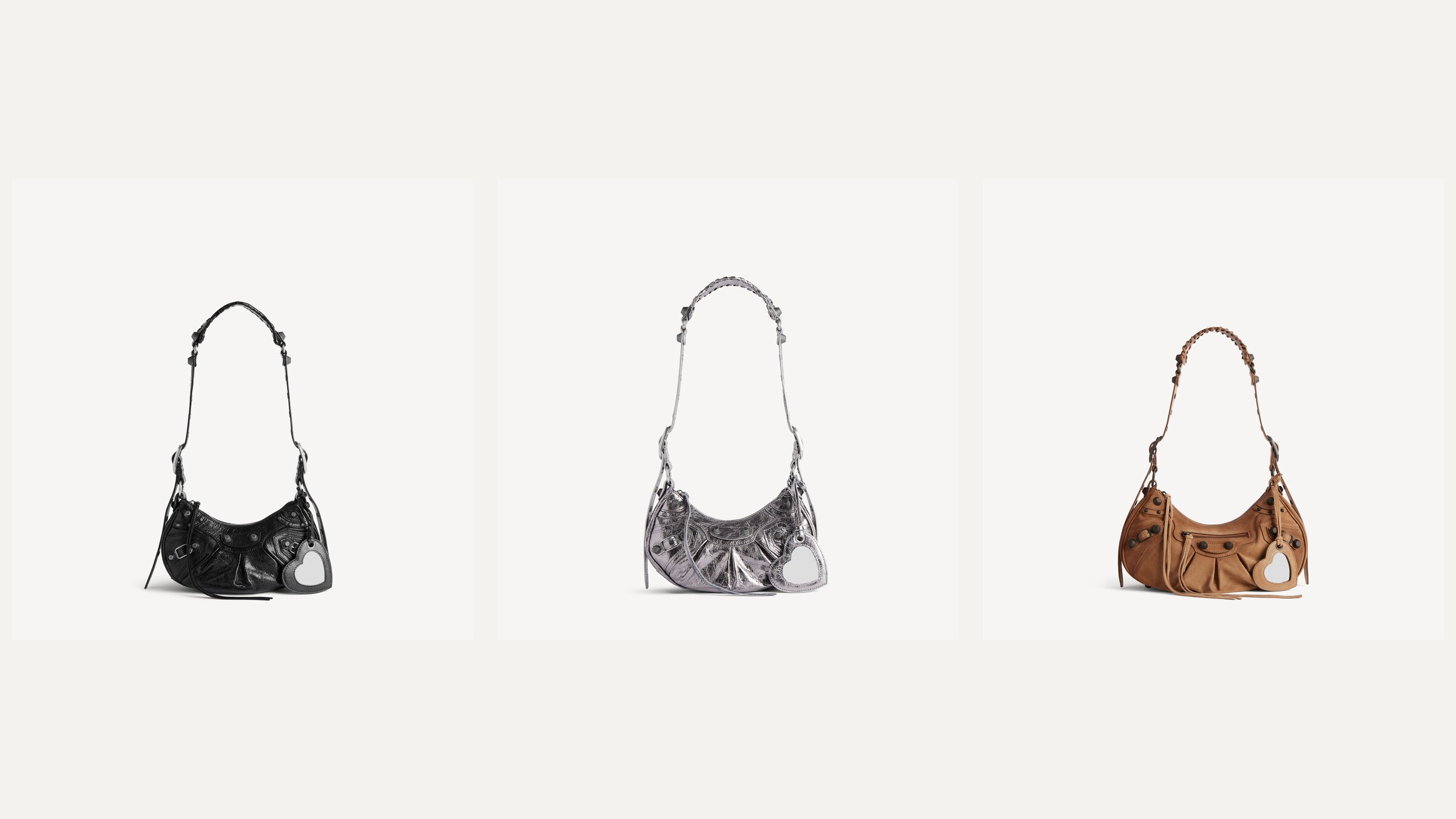 Balenciaga Le Cagole bags in black, silver, and camel