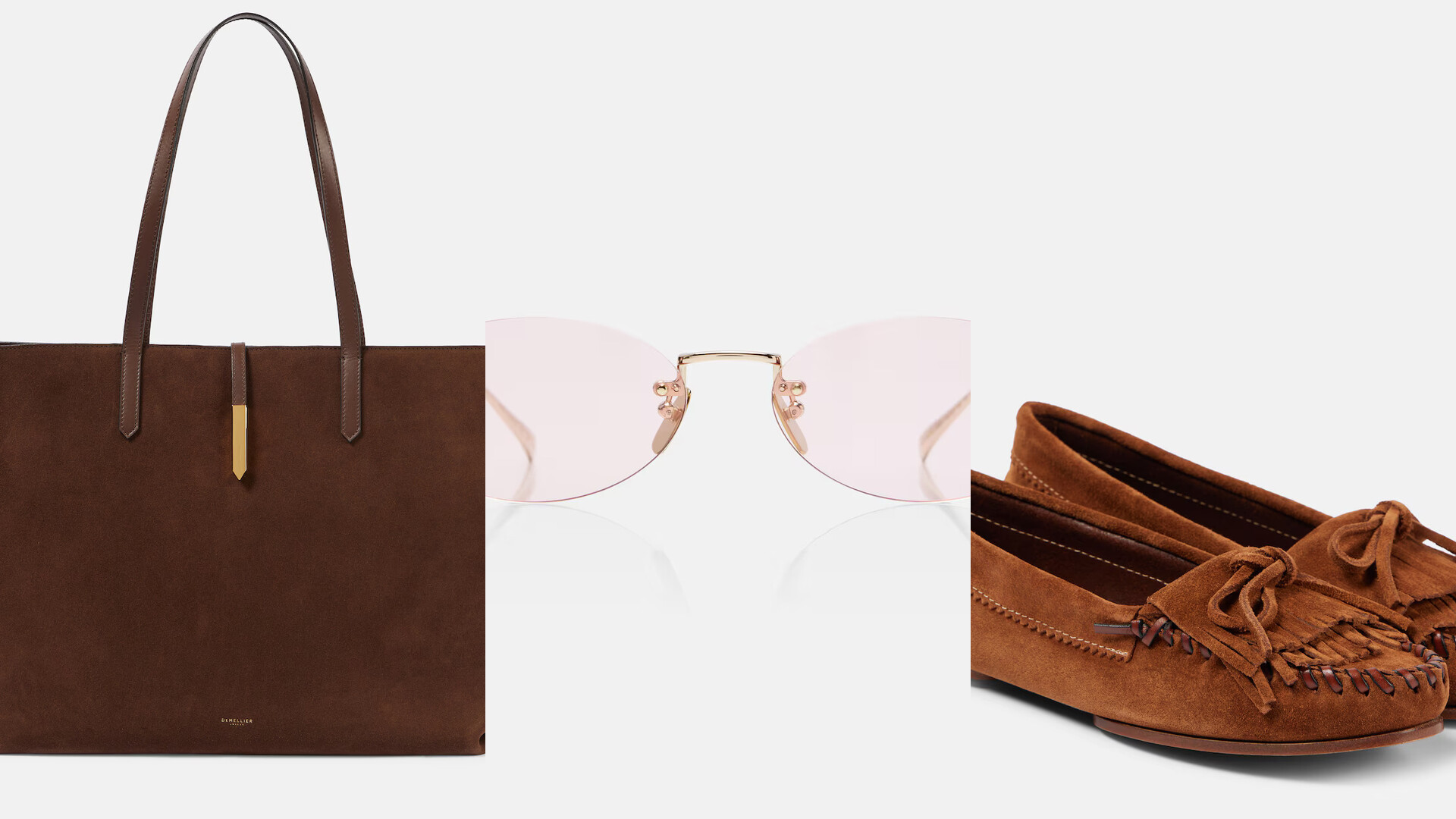 Designer sale examples including a suede tote, pink sunglasses, and suede loafers
