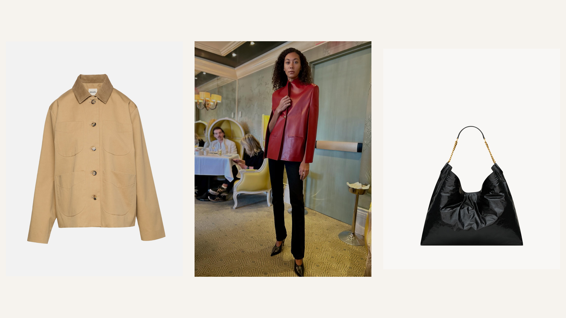 Khaite jacket and outfit with the Saint Laurent Hortense bag