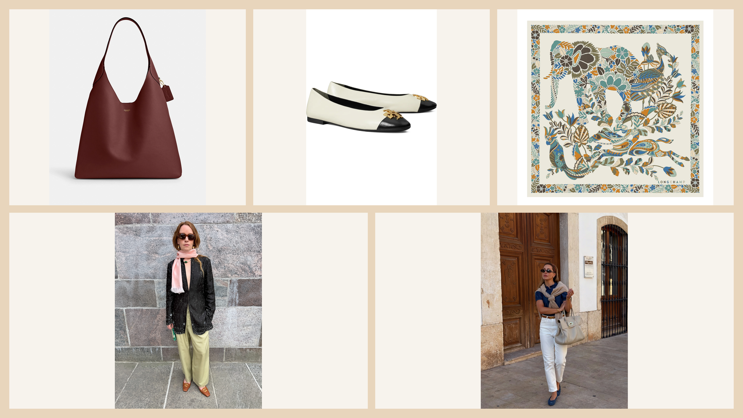 Coach bag, Tory Burch cap-toe flats, Longchamp silk scarf, and two personal accessory-led outfits