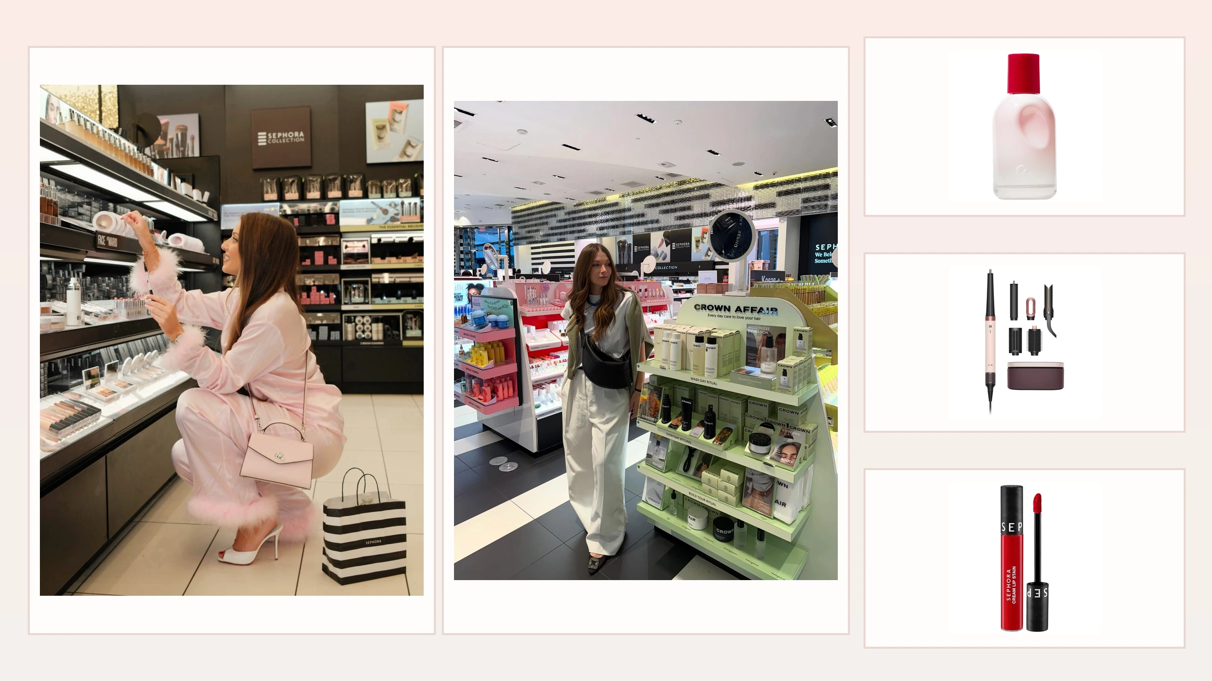 Two personal creators shopping in Sephora beside three exact event-planning product examples