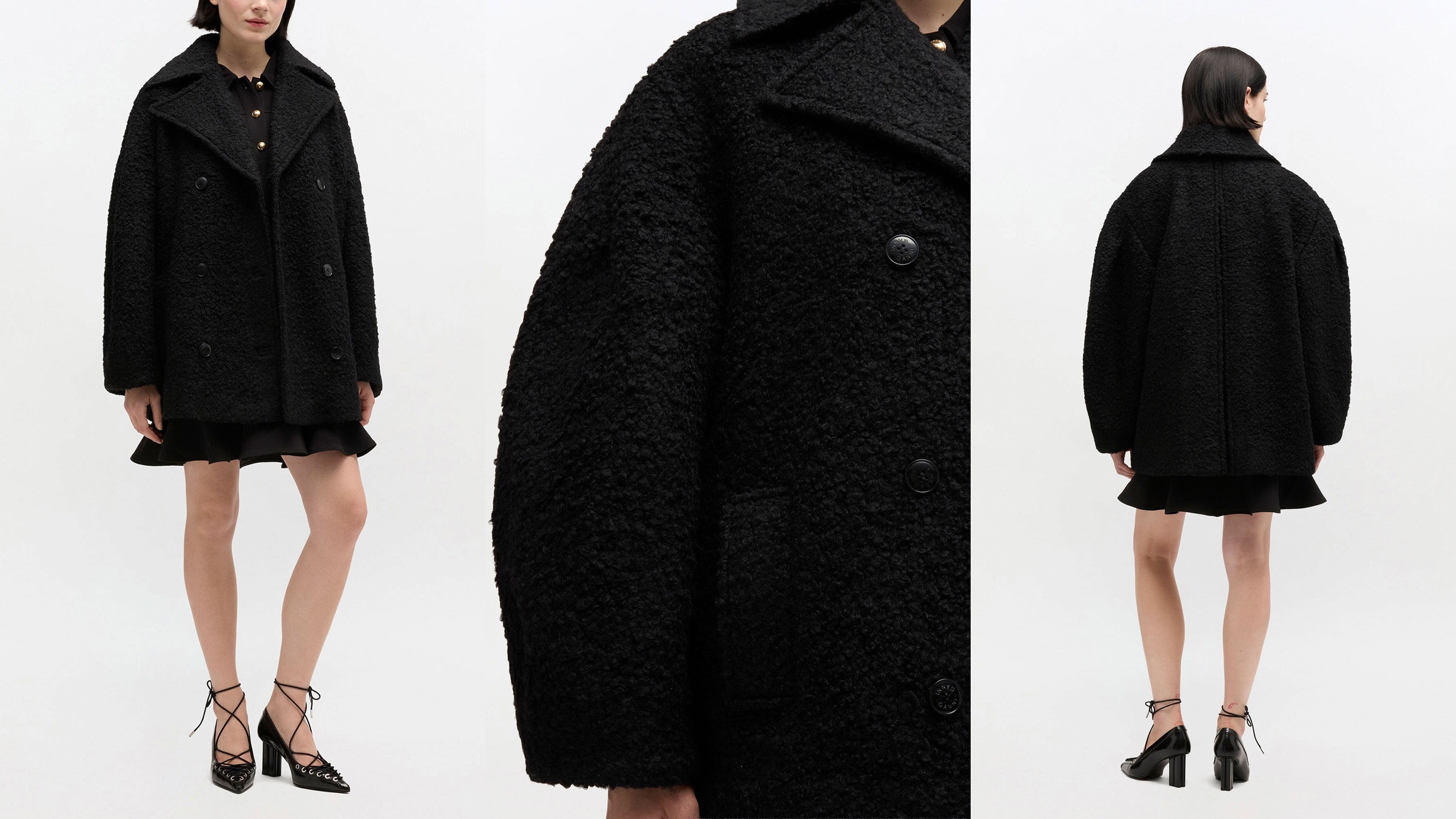 Ganni Black Boucle Midi Coat product and texture collage