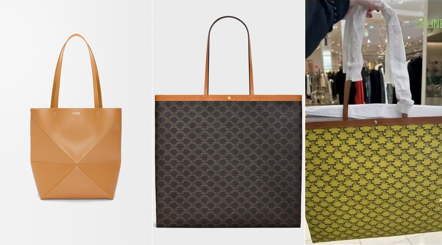 Loewe Medium Puzzle Fold Tote next to Celine Large Flat Shopper comparison collage