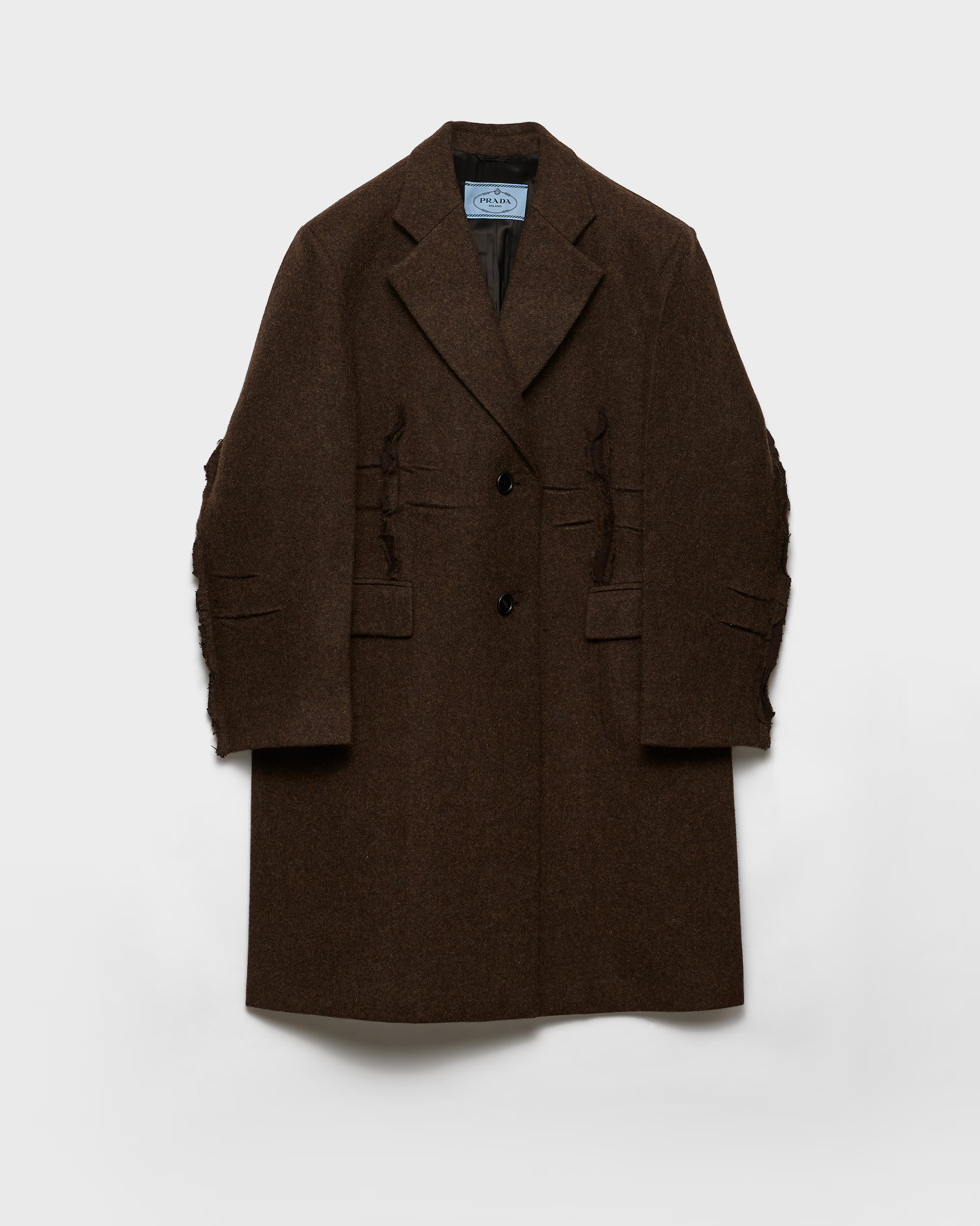 Ebony brown Prada single-breasted Shetland wool coat with raw-finished details