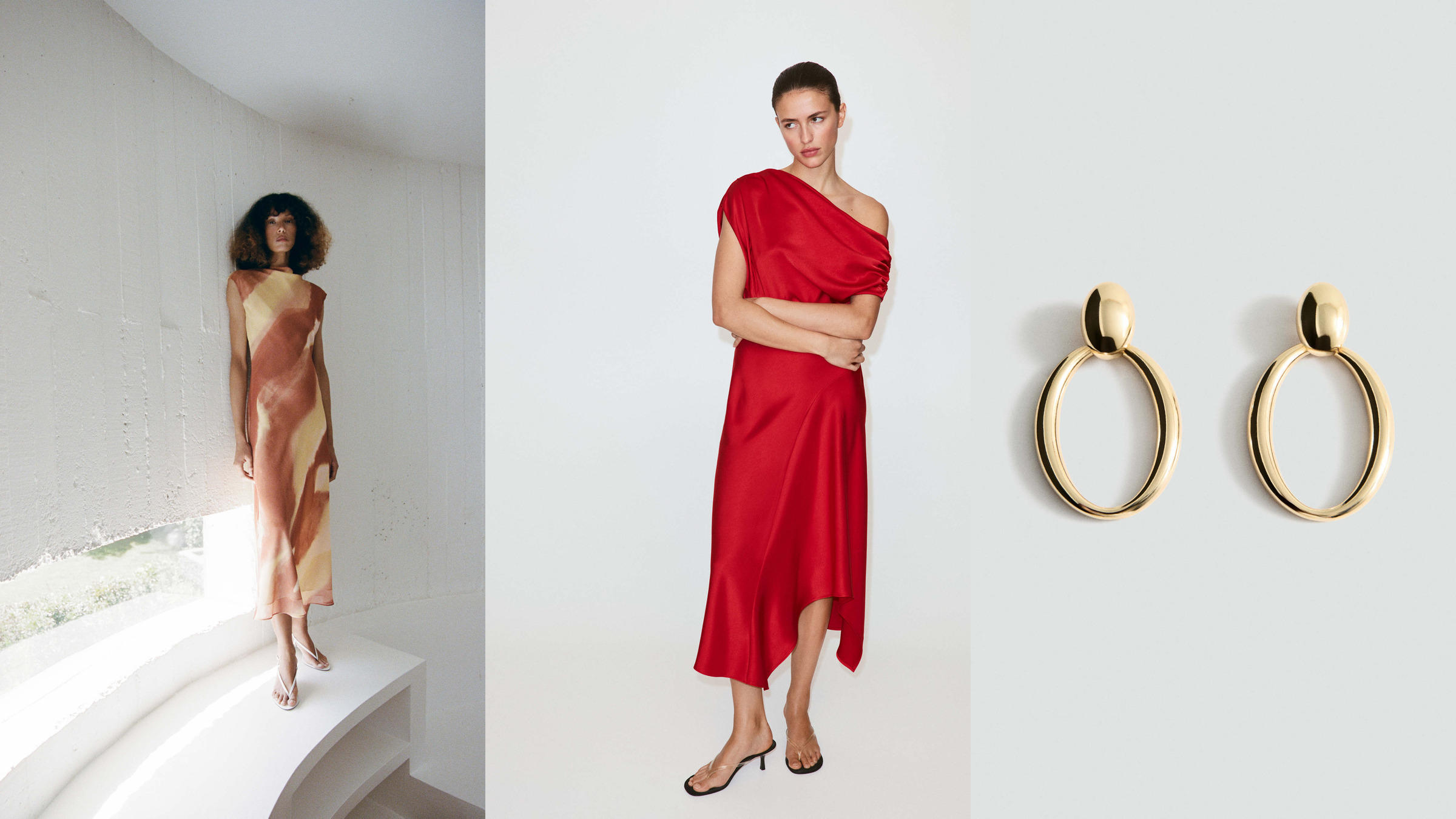 Printed and satin summer wedding guest dresses with gold hoop earrings