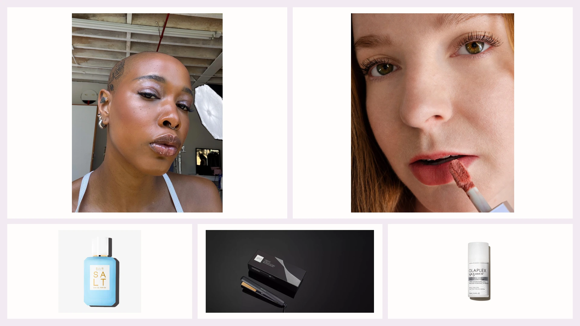Two personal-creator beauty scenes above three complete current product-page images on a lavender planning board
