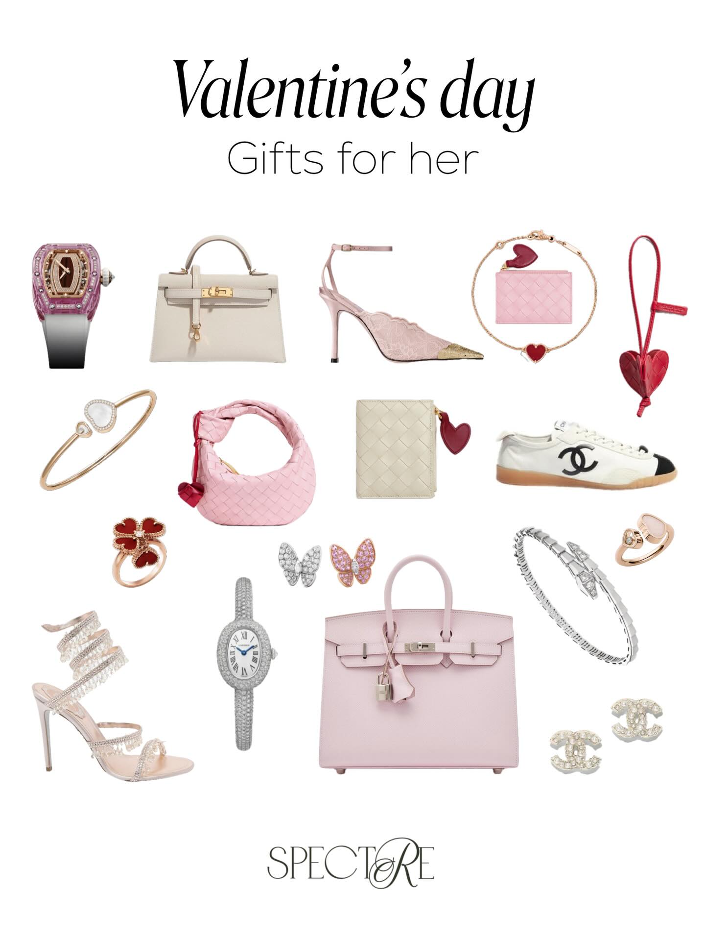 Valentine's Day designer gifts for her collage with handbags jewelry and shoes