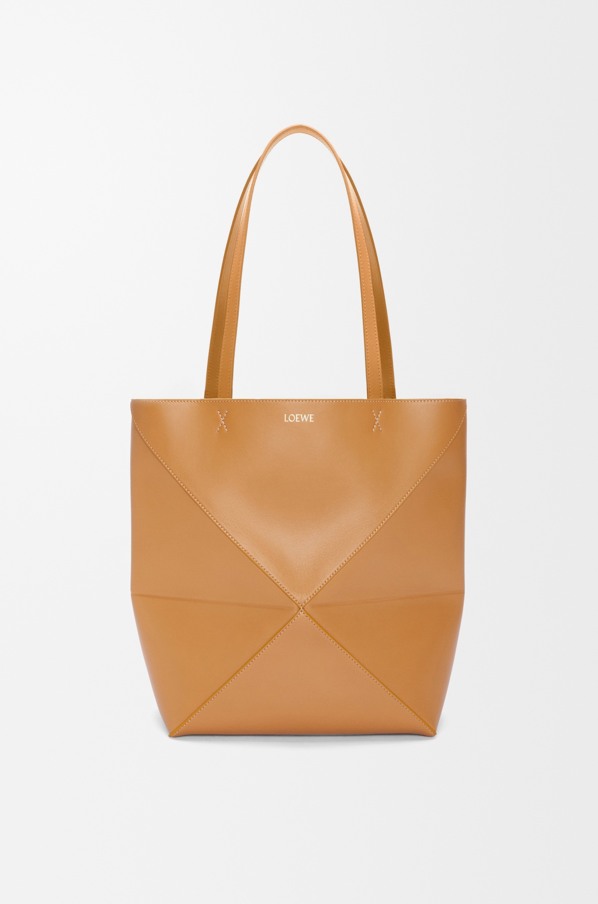 Loewe Medium Puzzle Fold Tote in warm desert shiny calfskin official front view