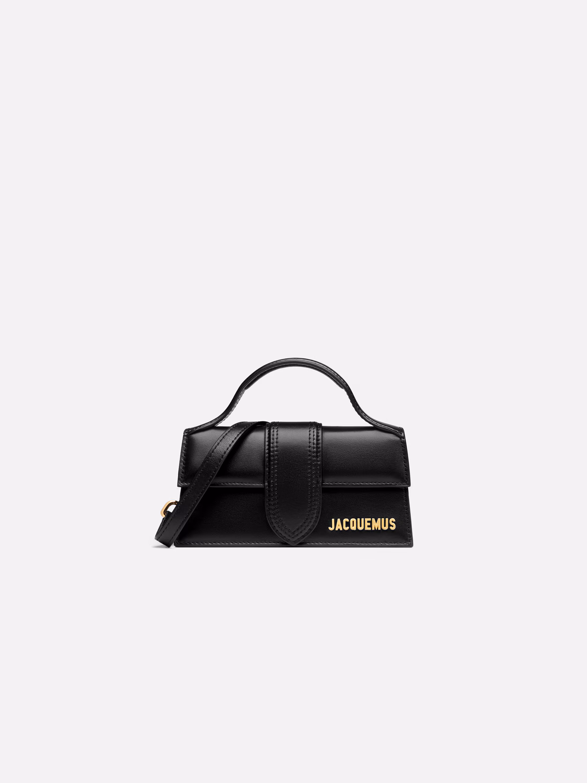 Jacquemus The Bambino black leather handbag, front view, flap closure and gold logo visible.