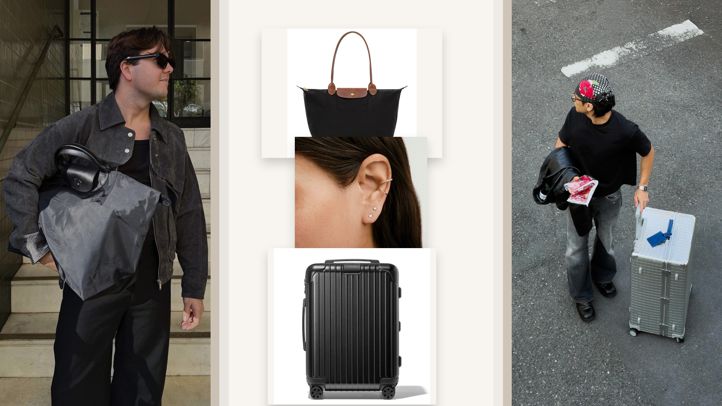 Longchamp Le Pliage tote, Mejuri diamond studs, and RIMOWA carry-on shown with real city outfit photos