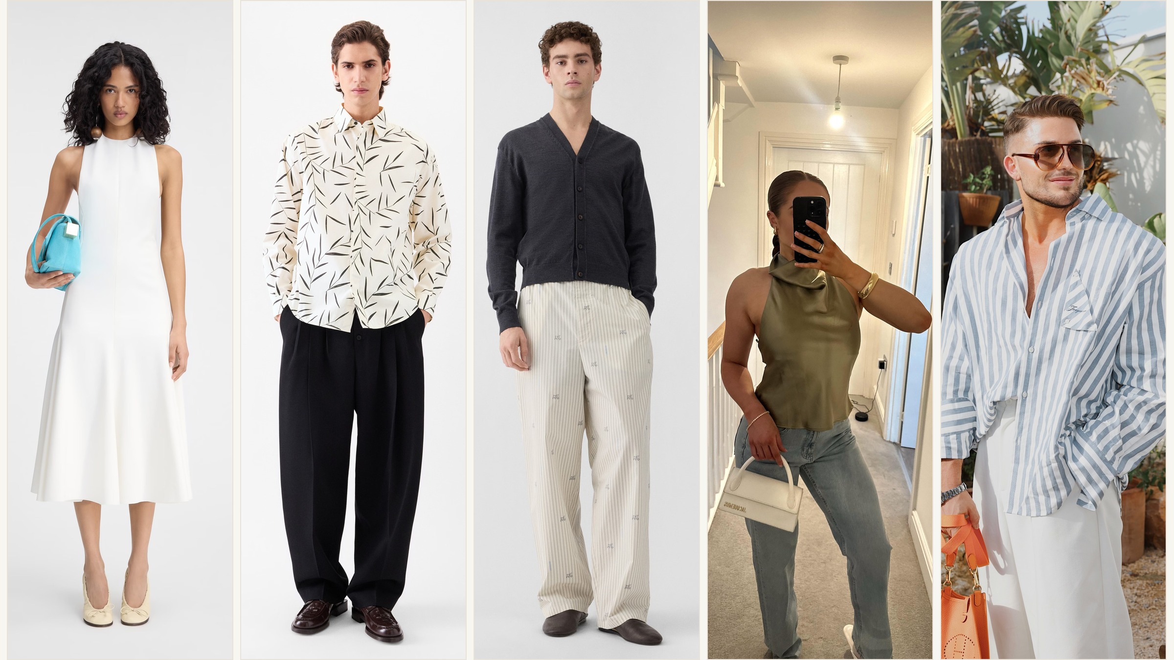 Jacquemus size guide collage with the Favola dress, Simon shirt, pyjama pants, and real outfit styling references