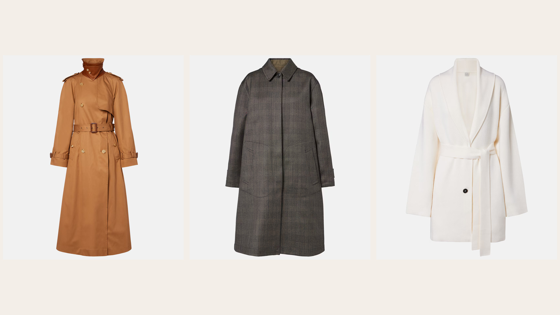 Three designer coats in brown, checked wool and ivory arranged side by side