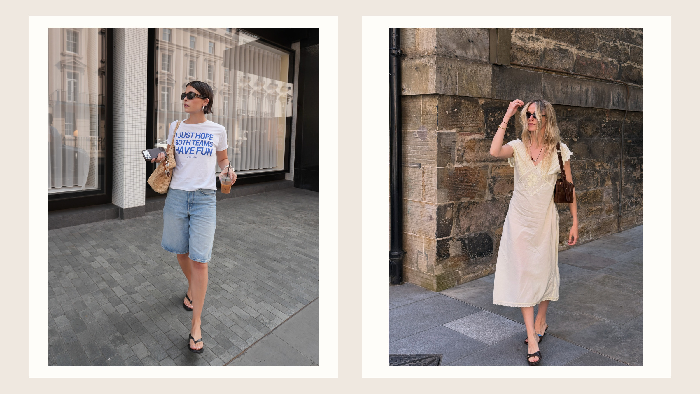 Two personal fashion creators in complete summer outfits shown side by side