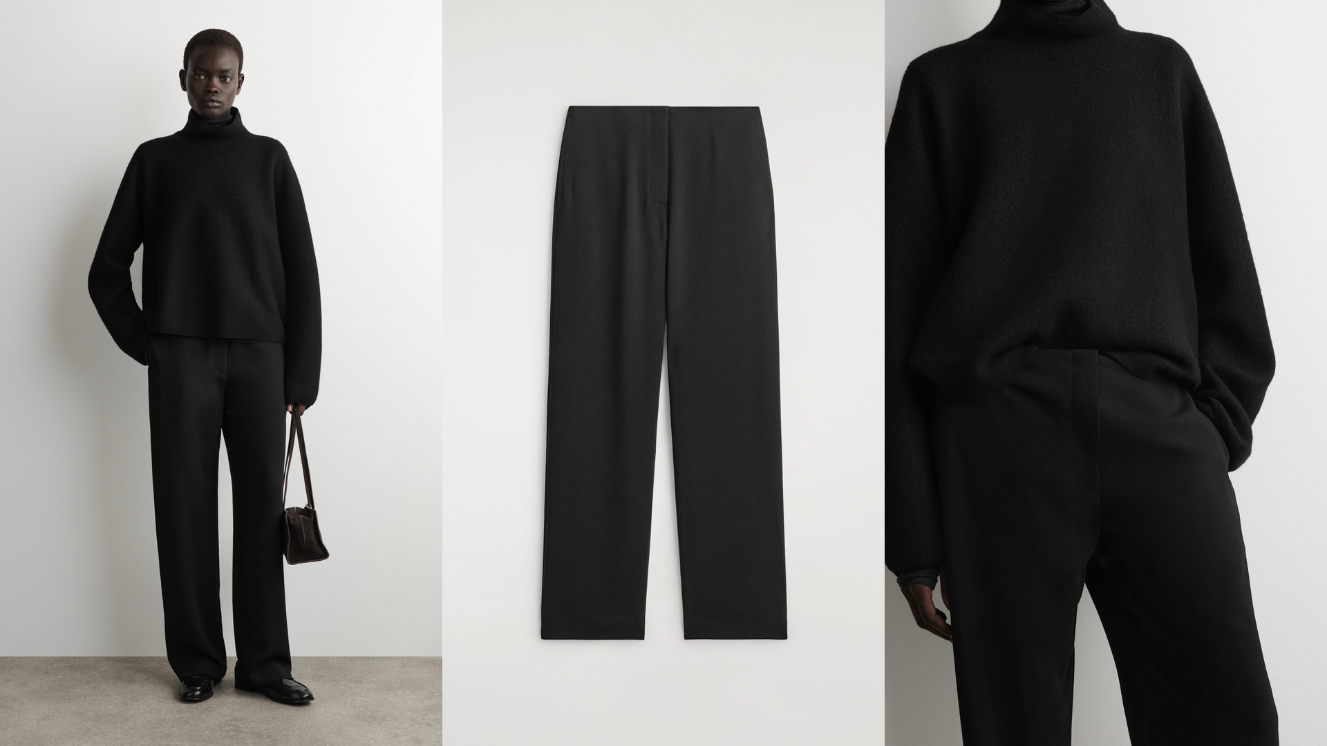 COS black trousers styled and shown in detail