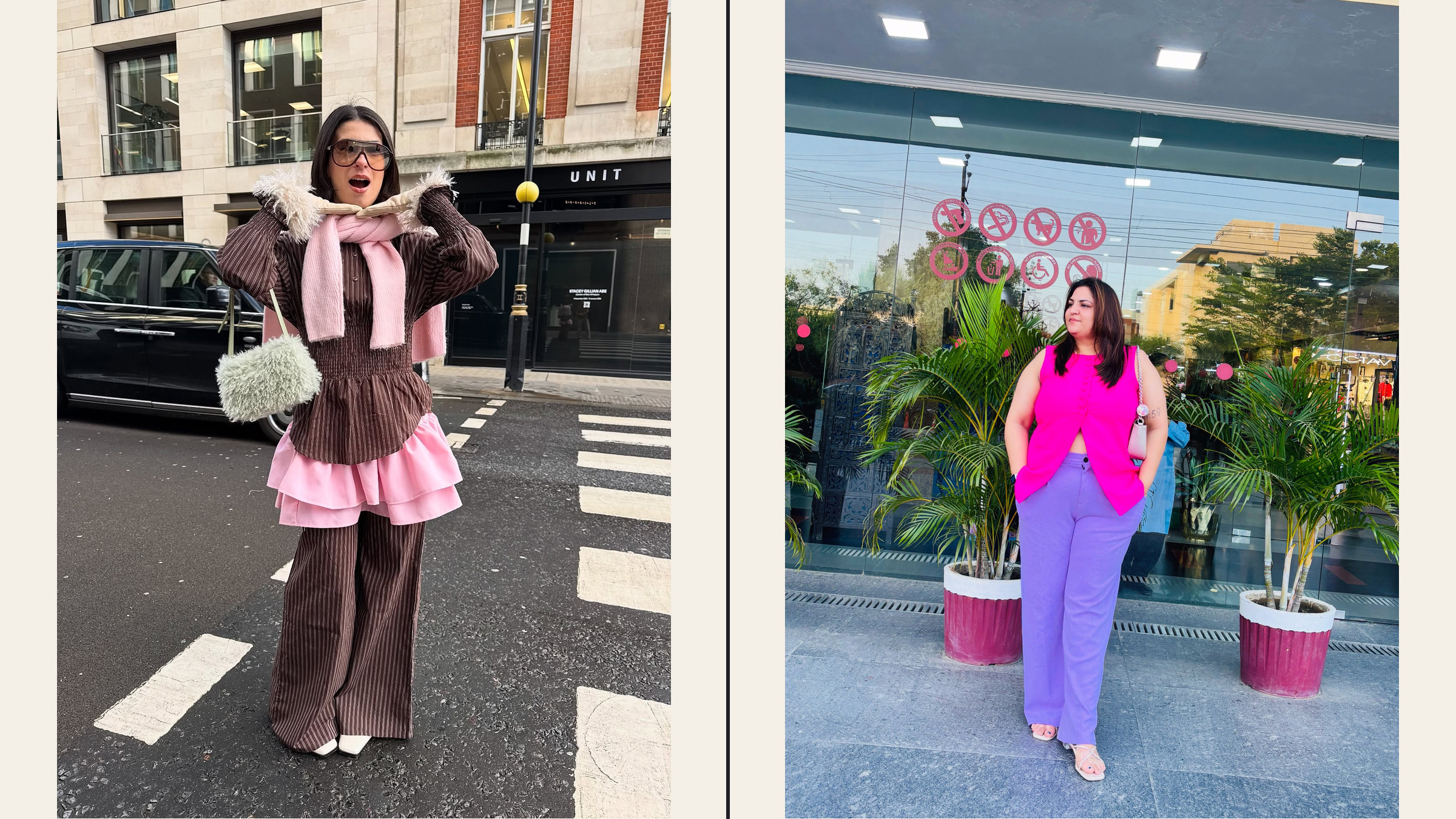 Two independent creators demonstrate two-piece color blocking in pink, brown, and purple