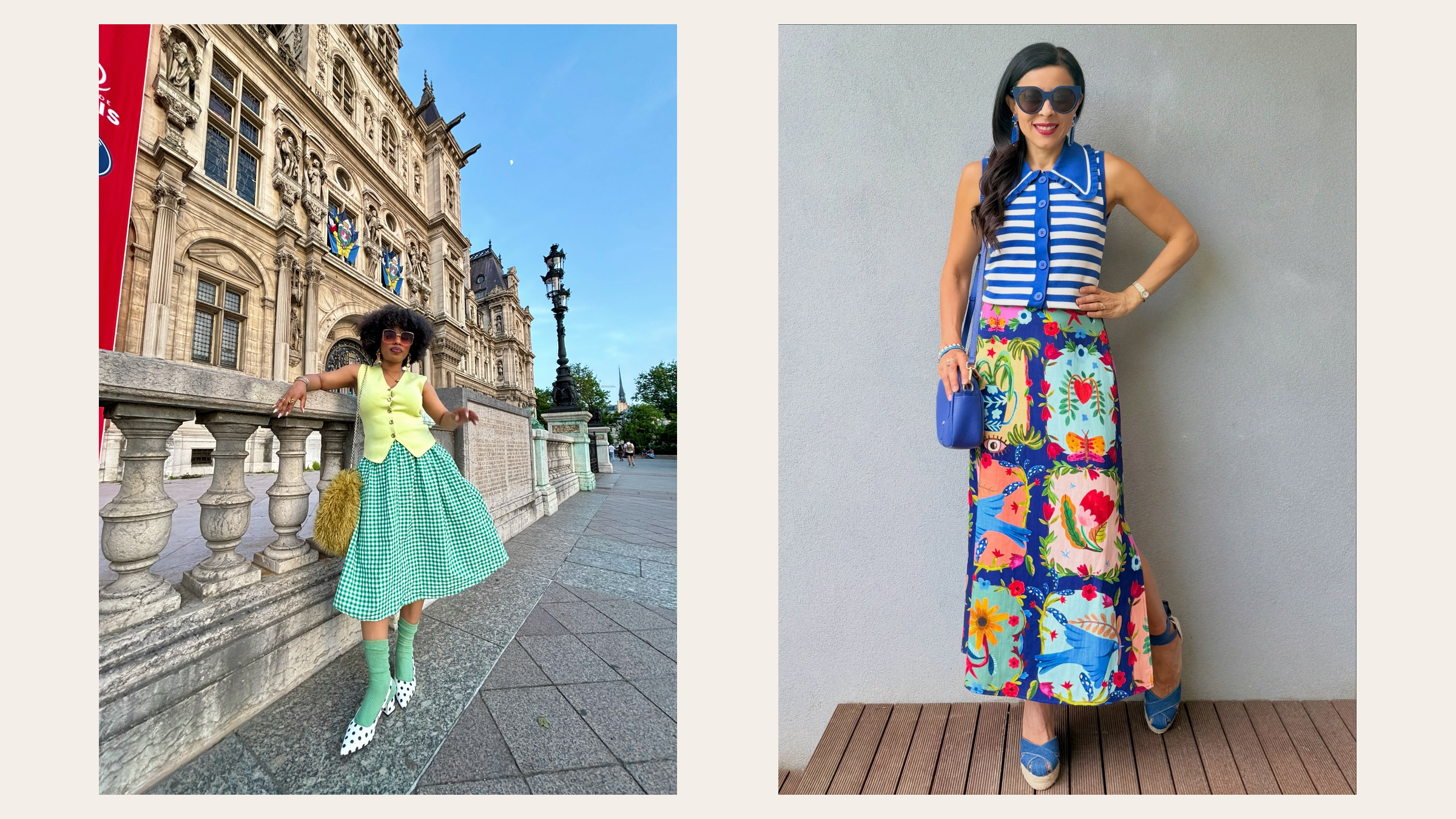Two complete print-mixed outfits pairing gingham with polka dots and stripes with a botanical skirt
