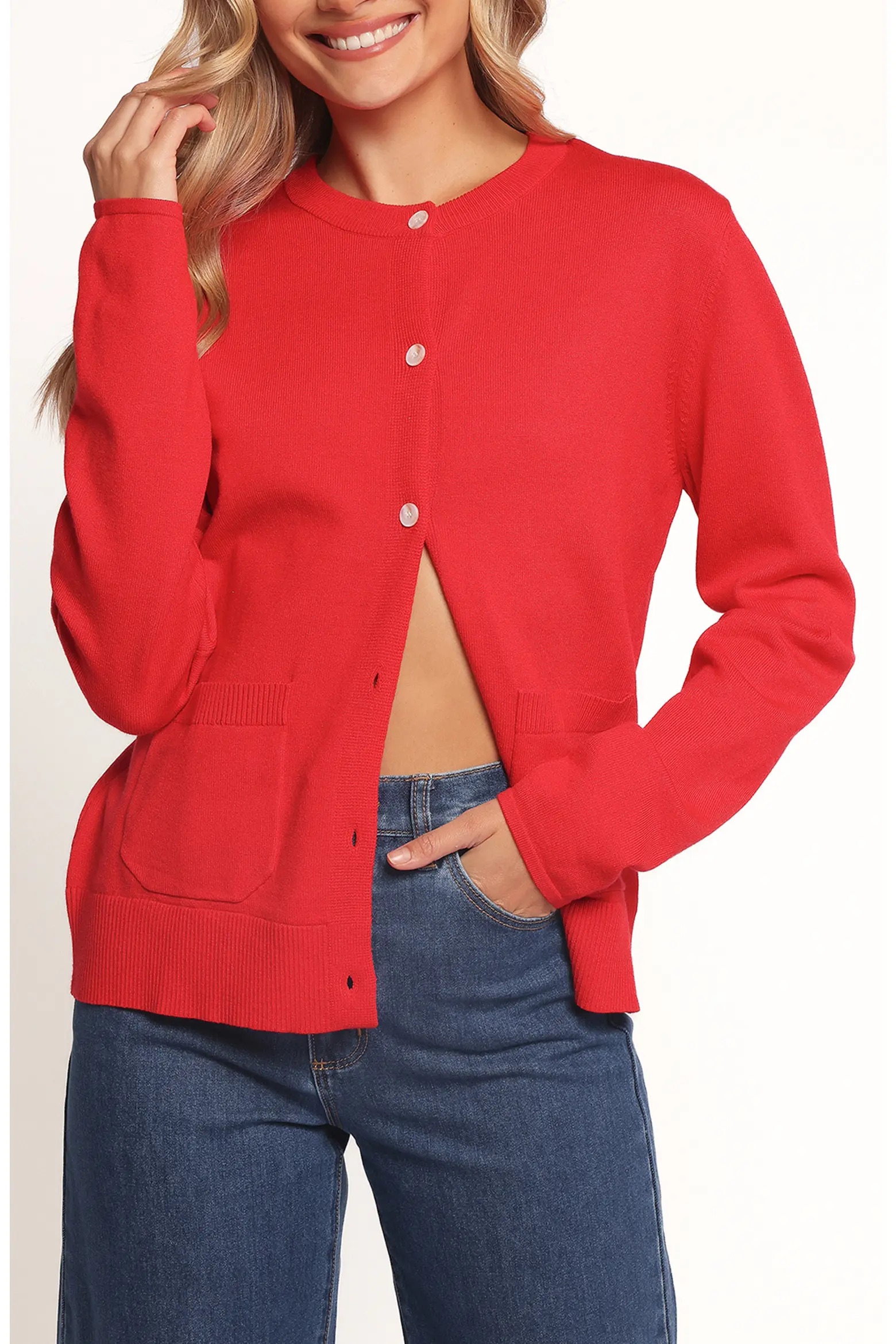 Petal & Pup Abner red crew-neck cardigan shown on a model