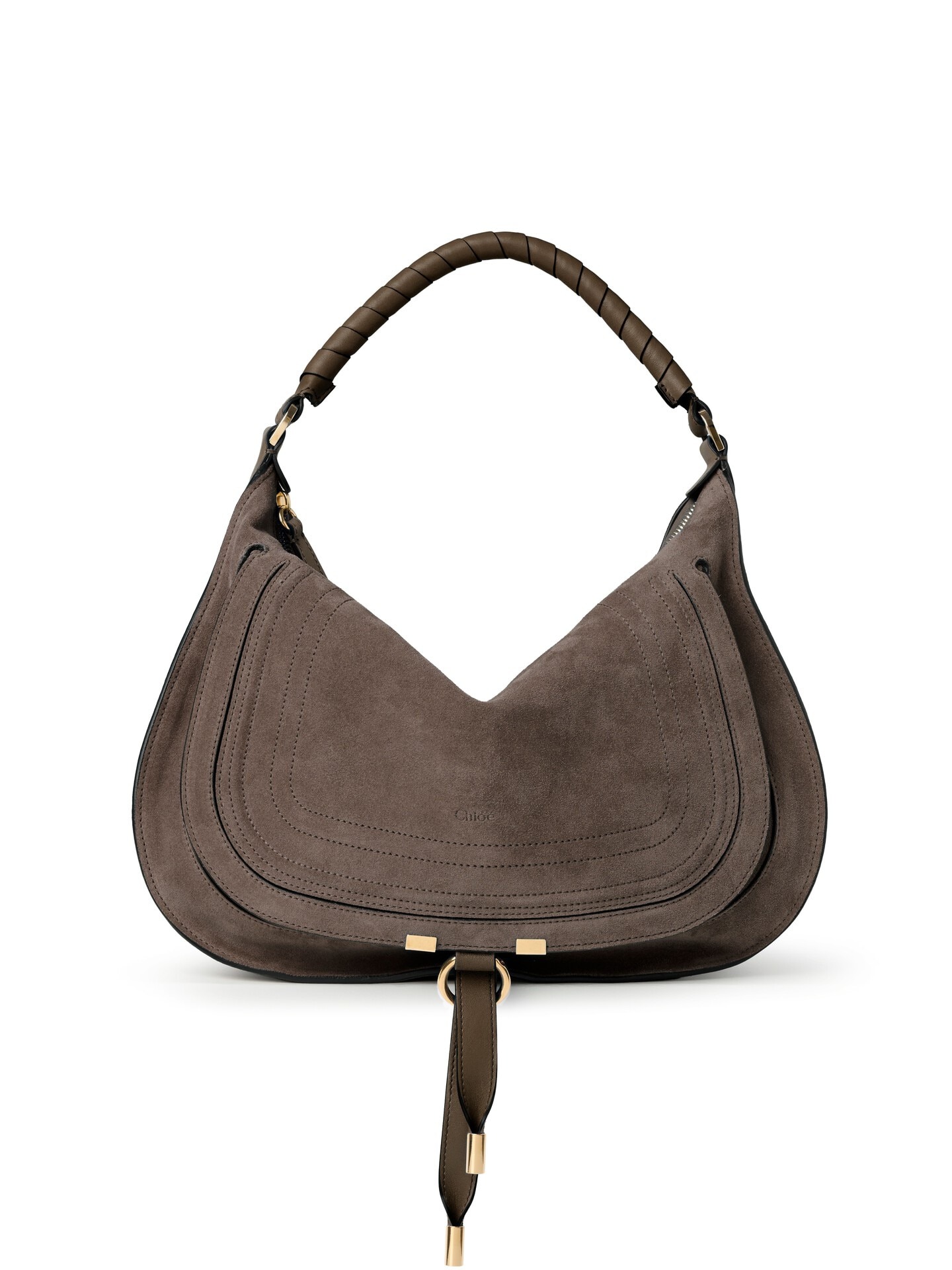 Chloé Marcie shoulder bag official front image in kohl brown suede calfskin