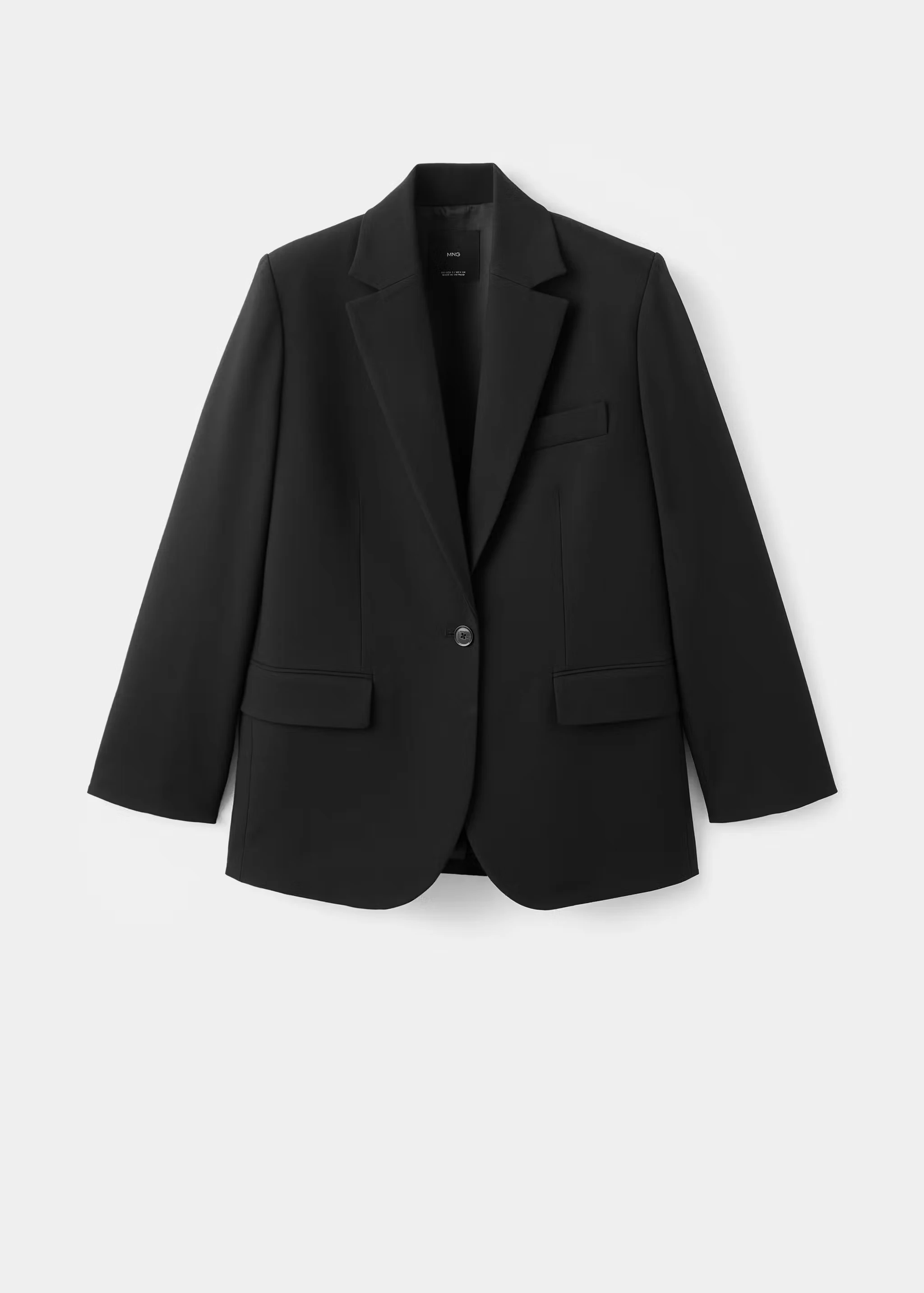 Black Mango straight suit jacket with lapel pockets shown as a complete garment