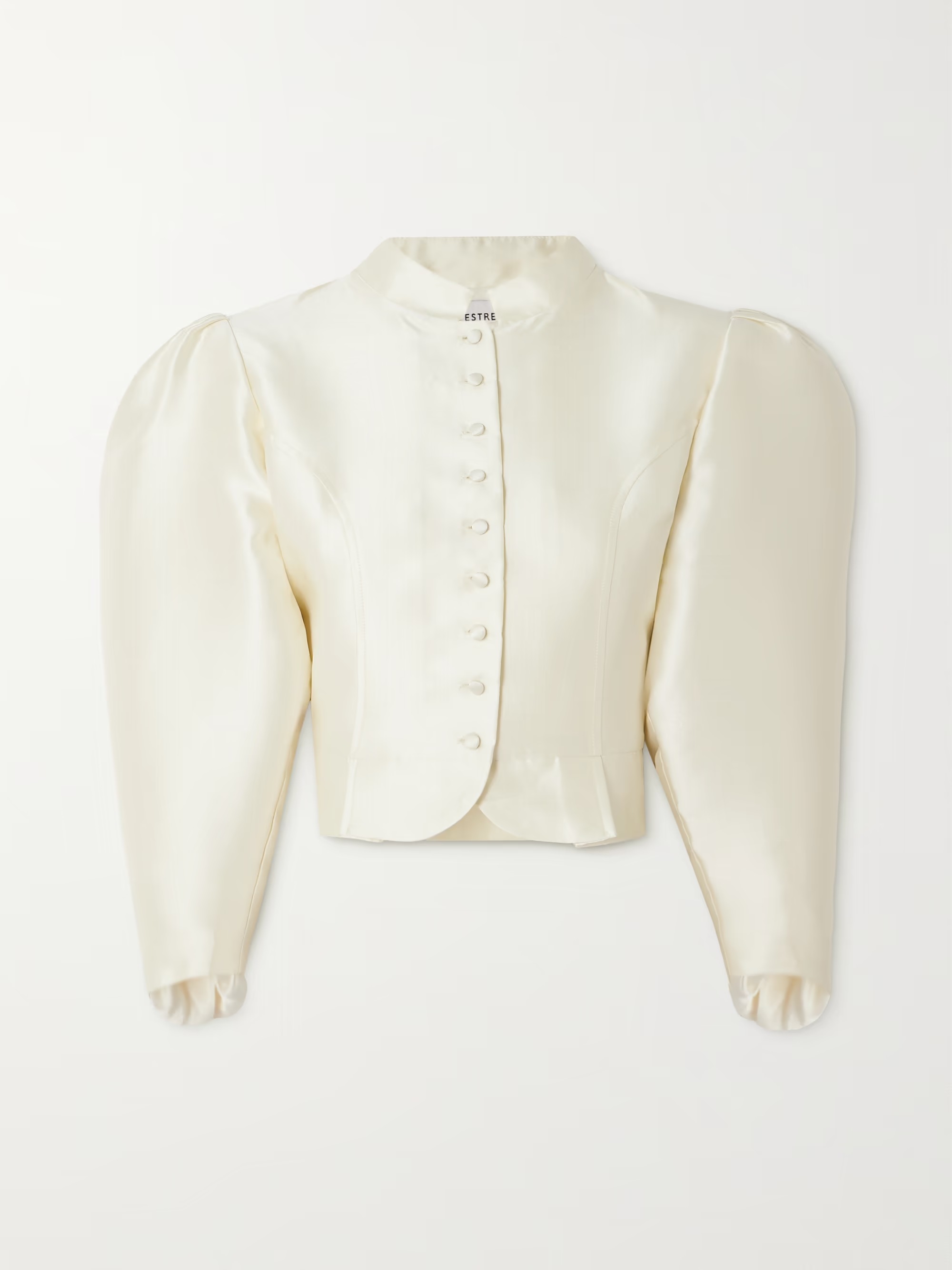 White Destree Amoako cropped faille jacket with stand collar and exaggerated sleeves