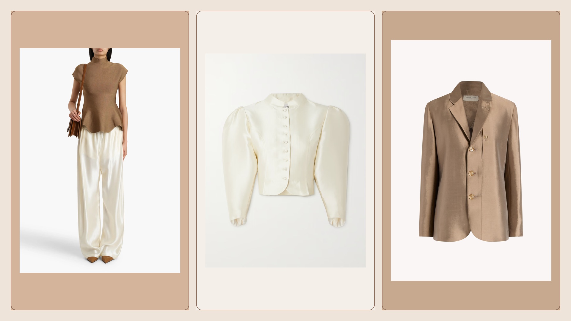 Khaite shaped top, Destree cropped jacket, and Kallmeyer silk-wool jacket collage