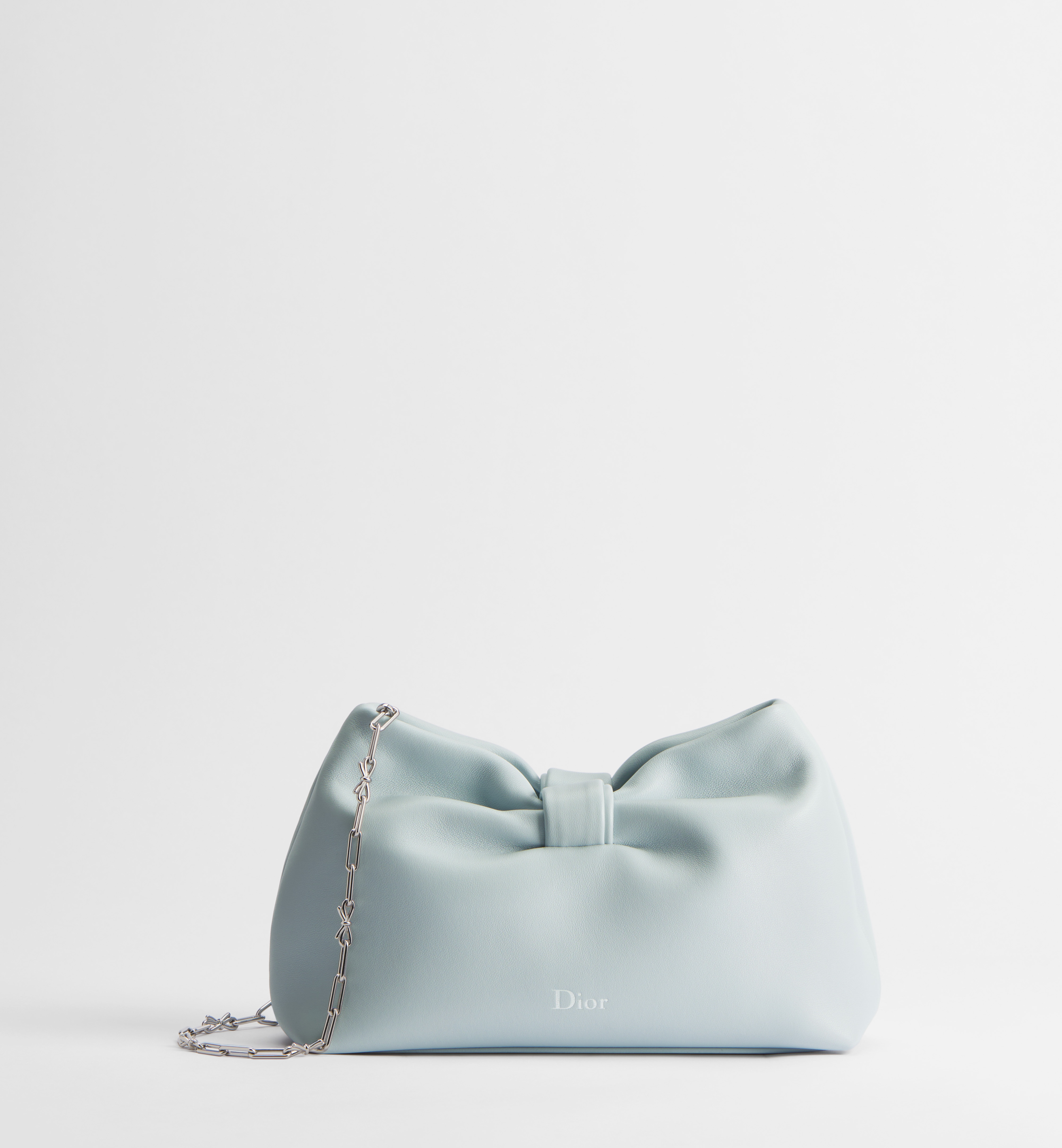 Ice blue lambskin Small Dior Bow Bag with silver-tone bow chain