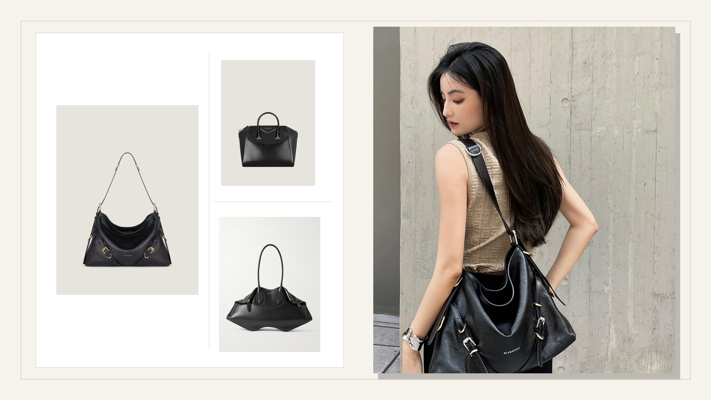 Givenchy Voyou, Givenchy Antigona, Alexander McQueen Manta, and a Givenchy Voyou outfit side by side