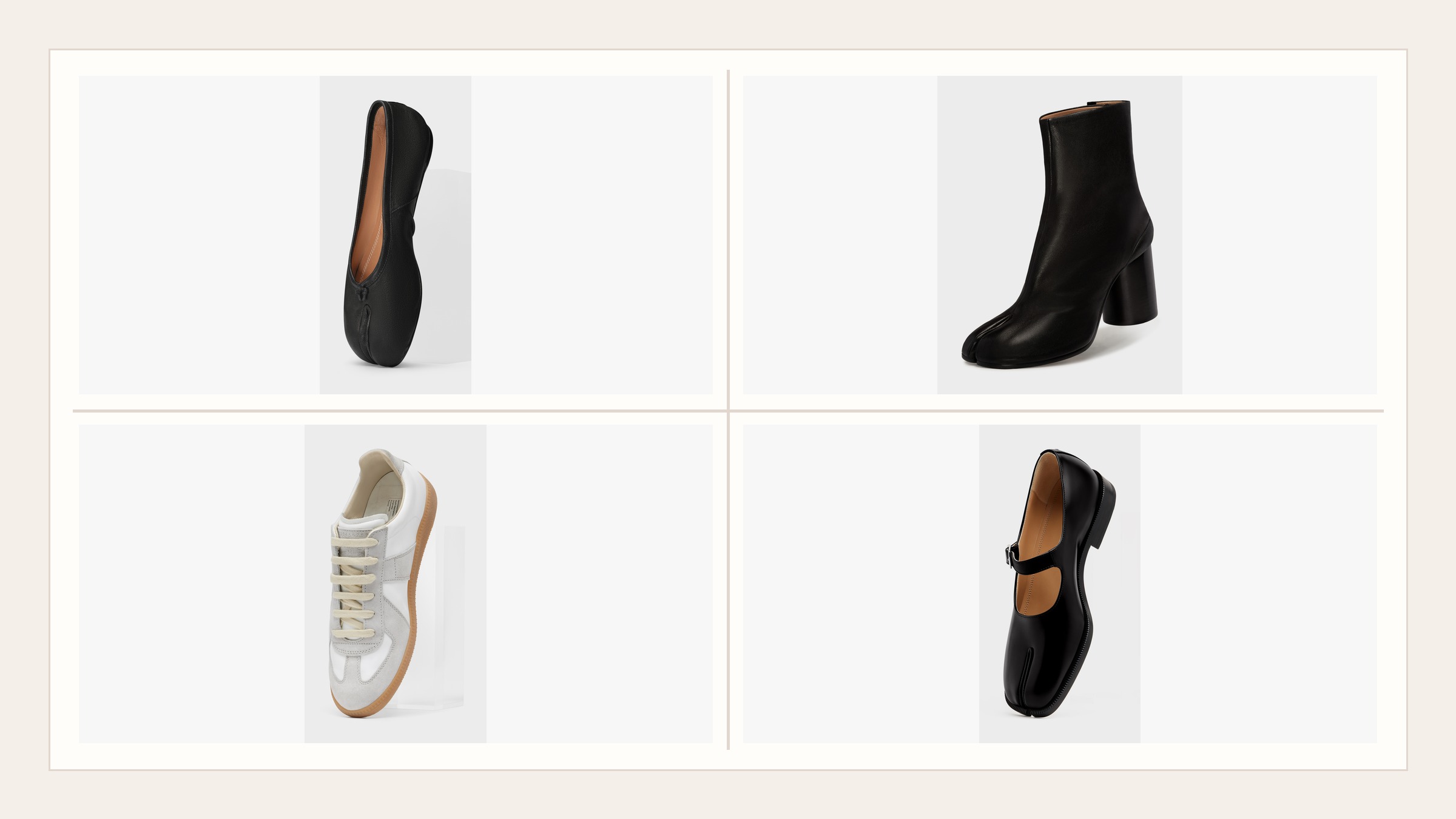 Maison Margiela Tabi size guide collage with Tabi Ballet Flat, Tabi Boot, Replica Sneaker, and Tabi Mary-Janes from official product imagery