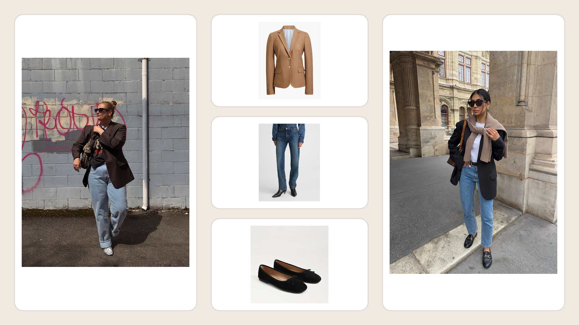 Two complete blazer-and-jeans outfits with the selected camel blazer, straight jeans, and black flats