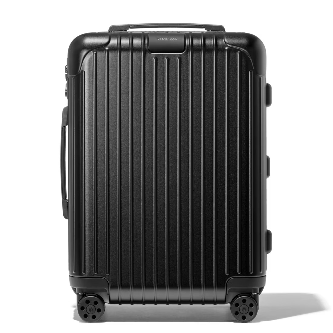 RIMOWA Essential Cabin suitcase in matte black shown from the front with ridged polycarbonate shell