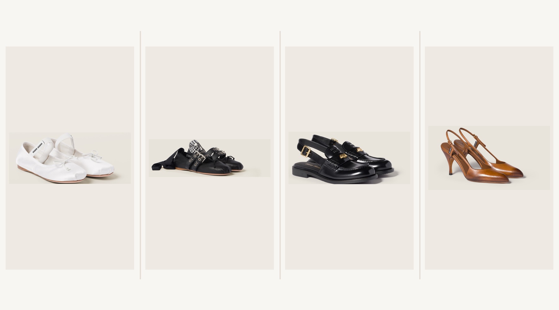 Four Miu Miu shoe styles shown side by side: satin ballerinas, nappa and calf leather ballerinas, brushed leather slingback loafers, and leather slingback pumps.