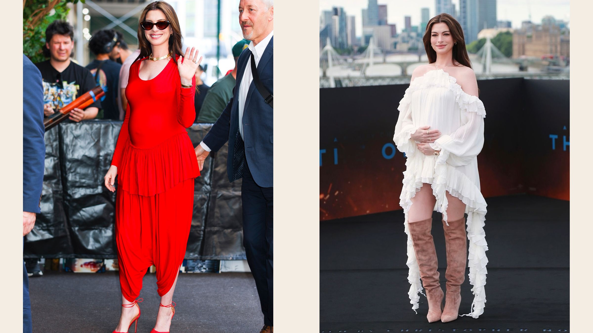 Anne Hathaway in red Ashlyn and white Blumarine Odyssey press-tour looks