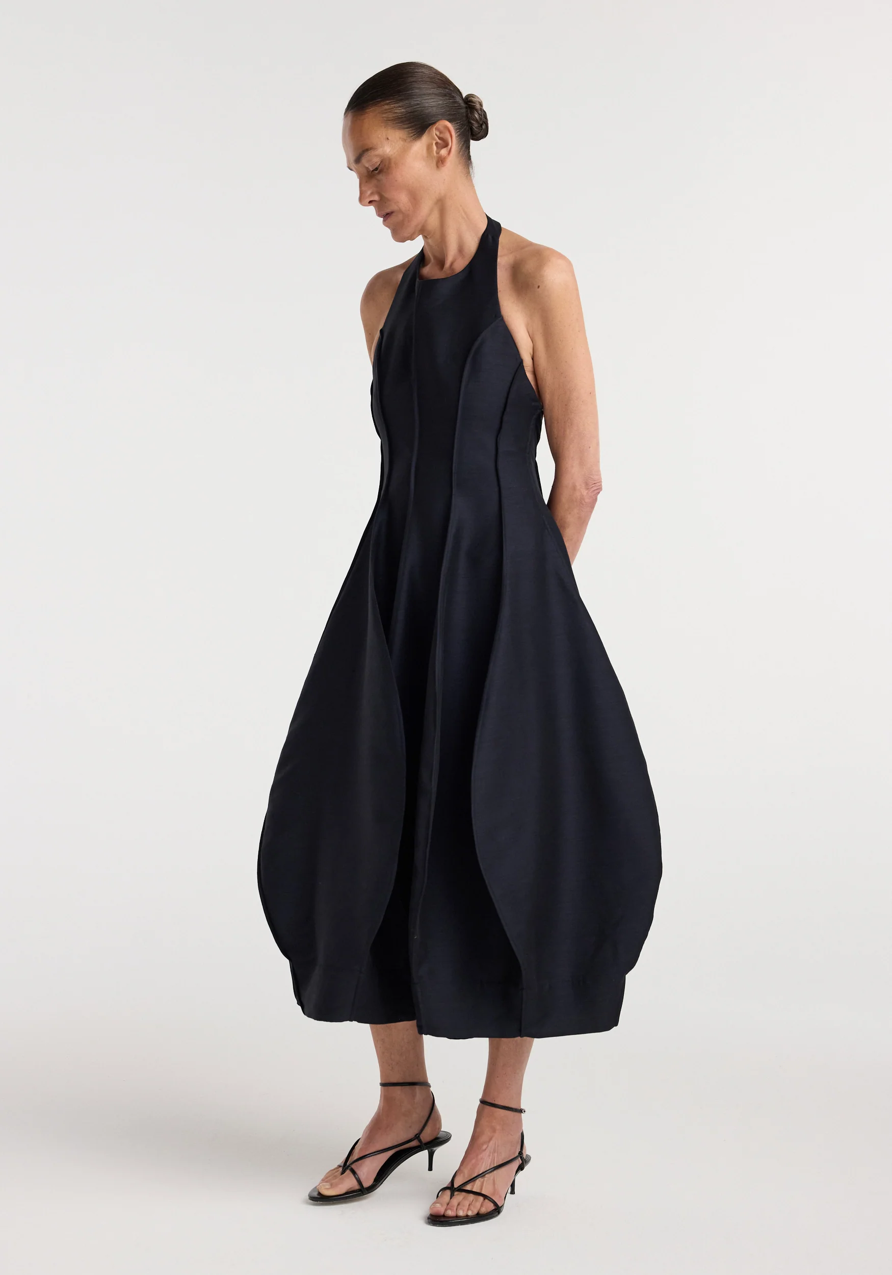 Róhe Open Back Tulip Dress in Night with a sculptural balloon-shaped skirt