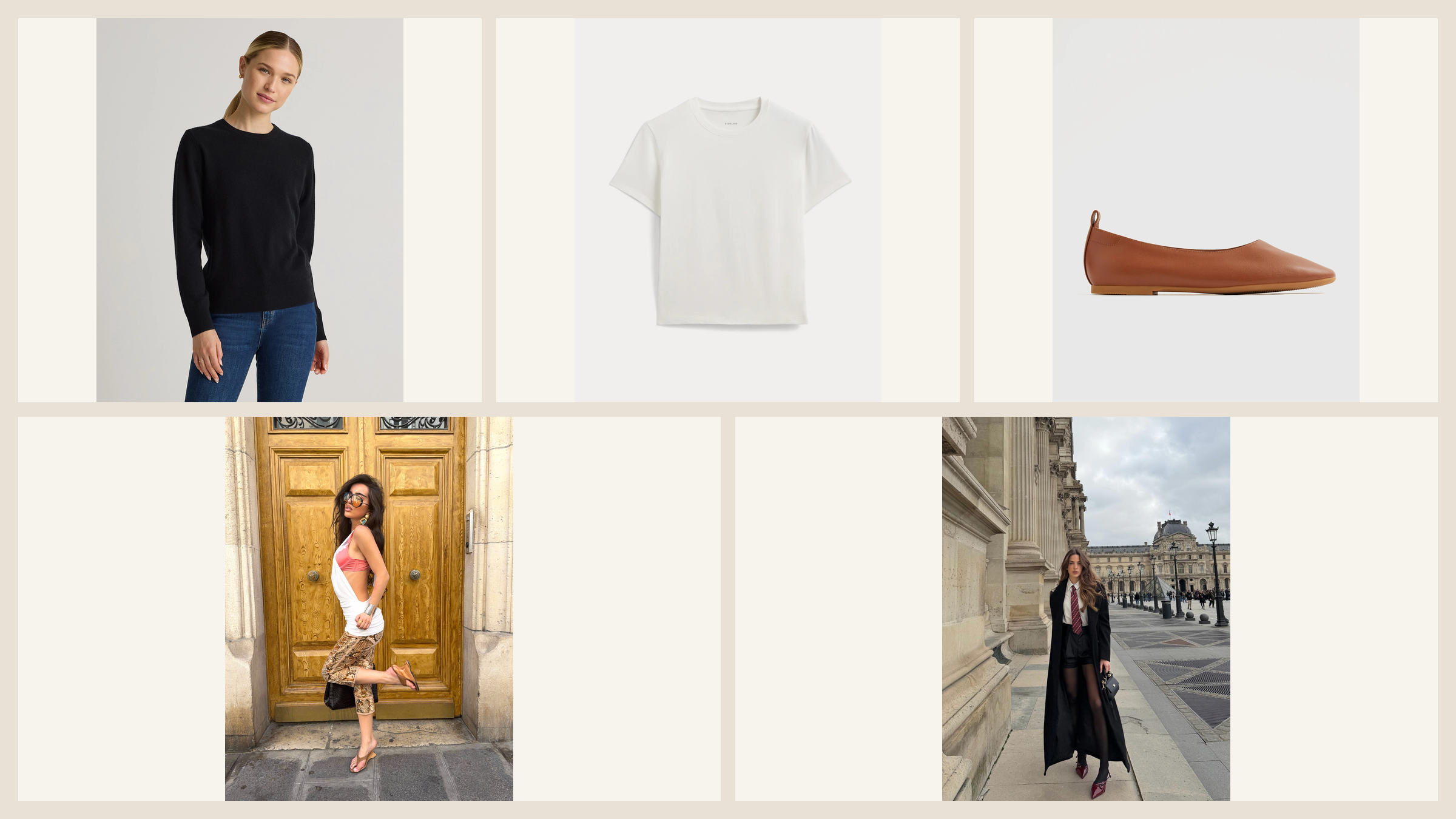 Black cashmere sweater, white cotton tee, cognac ballet flat, and two personal Paris travel outfits